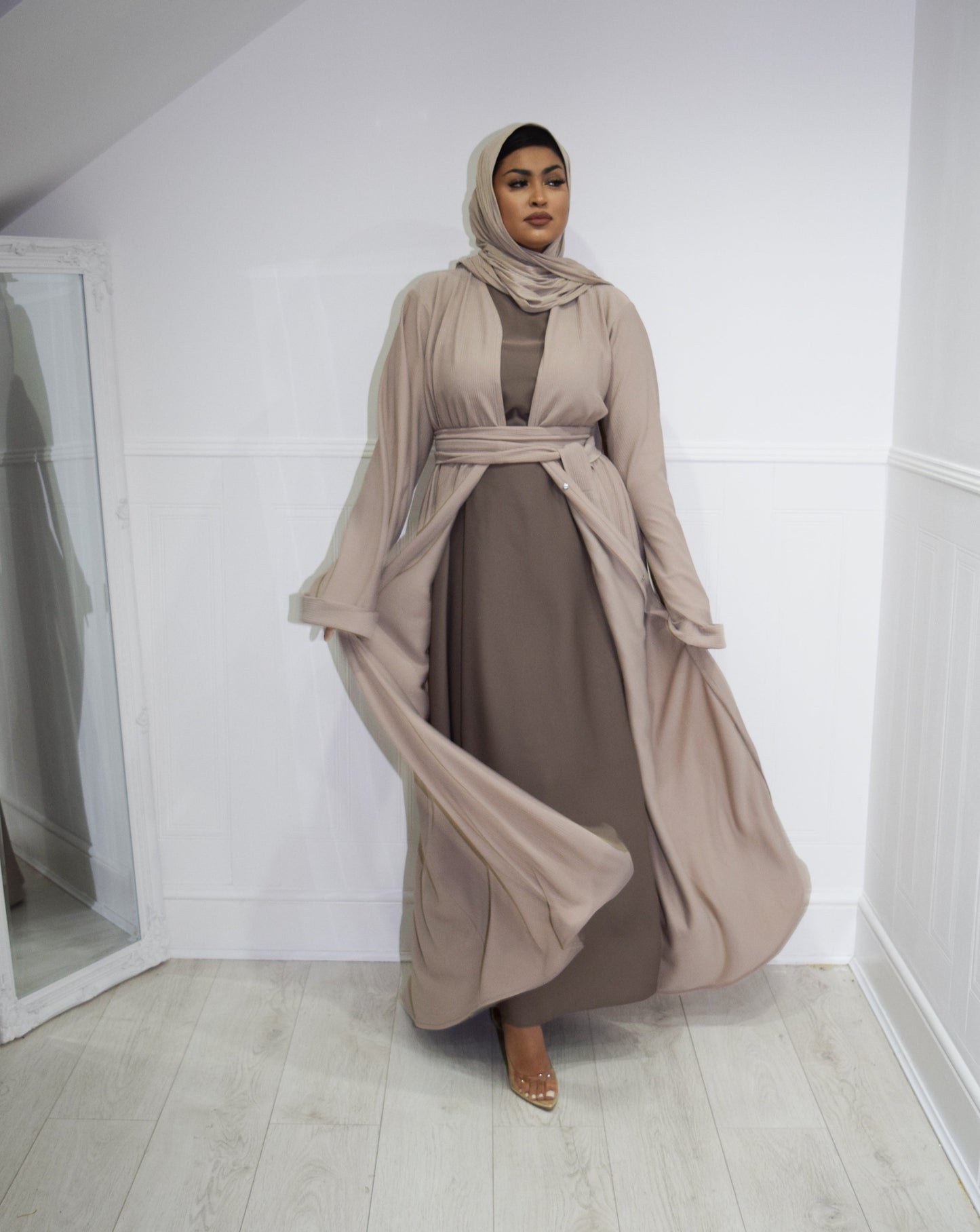 Hannah textured ribbed Open A-line kimono Abaya Jacket with pockets in Fawn