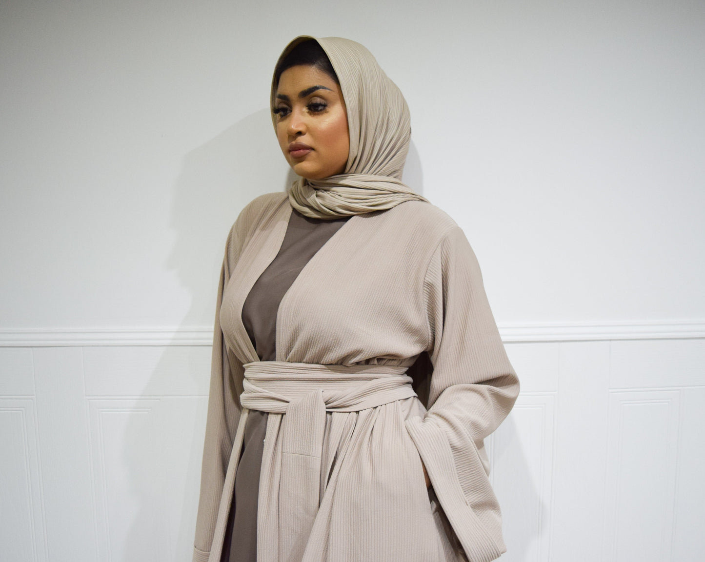 Hannah textured ribbed Open A-line kimono Abaya Jacket with pockets in Fawn