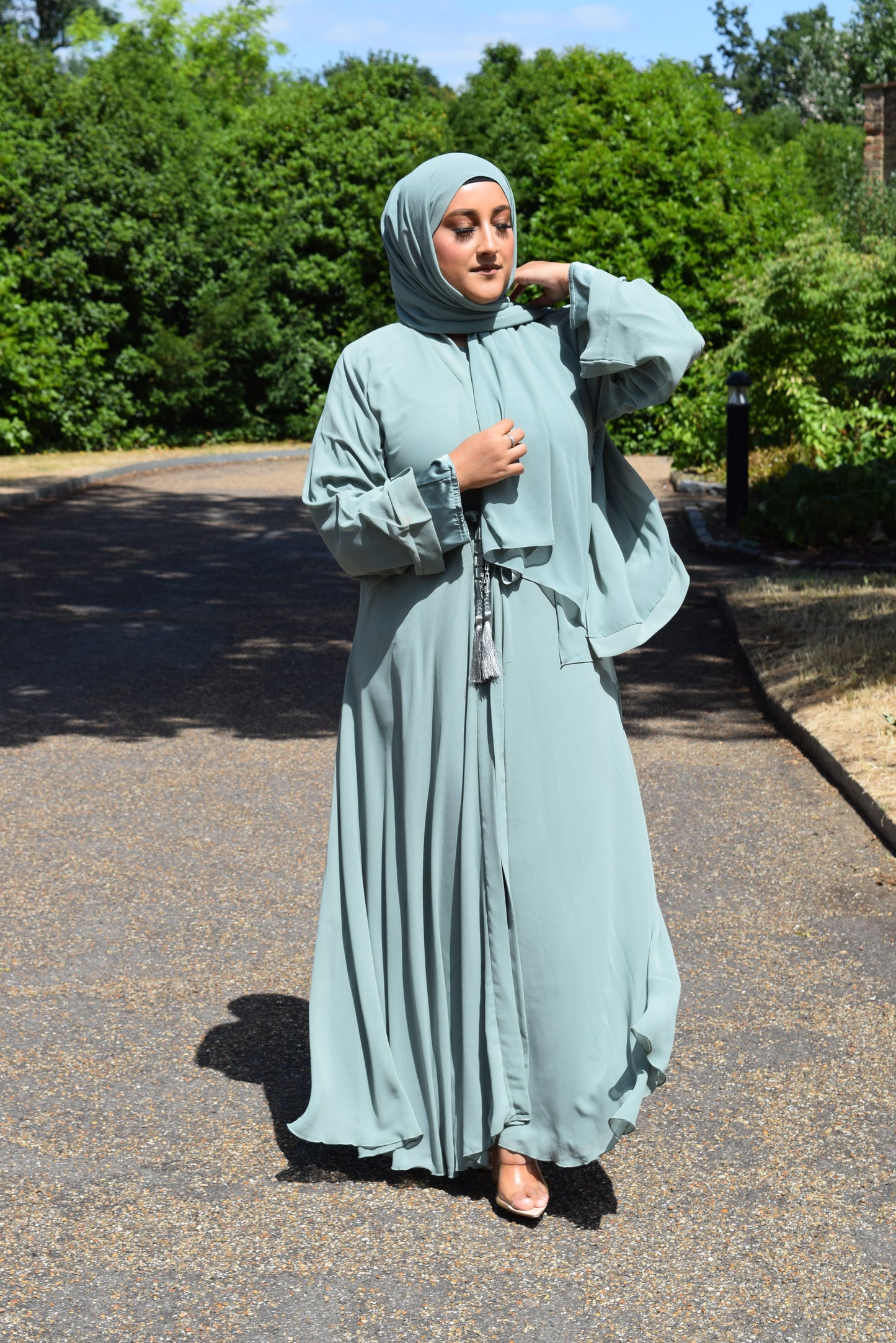 Reem Chiffon Open Jacket Abaya with Satin inner in Duck egg - 3 piece set