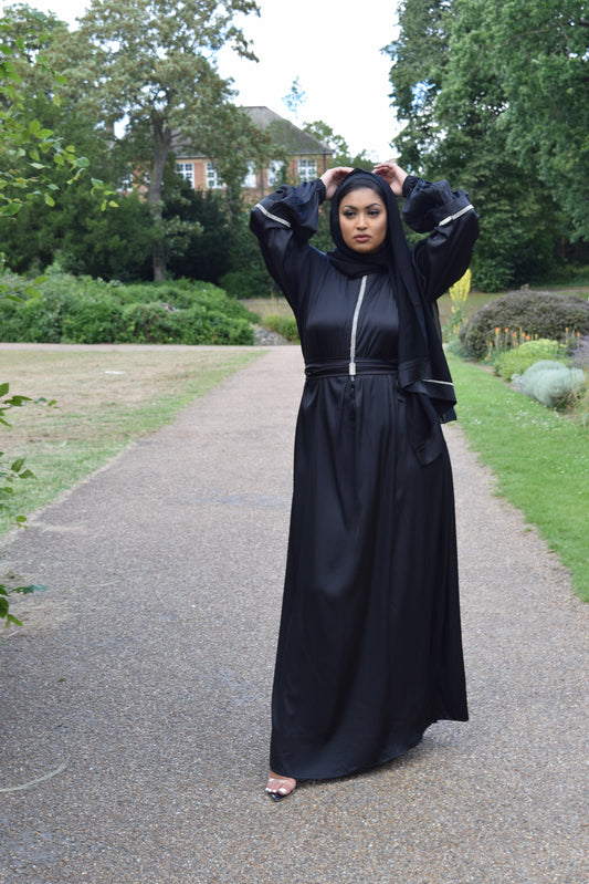 Shirin Satin Abaya with diamante and tassel embellishments Black