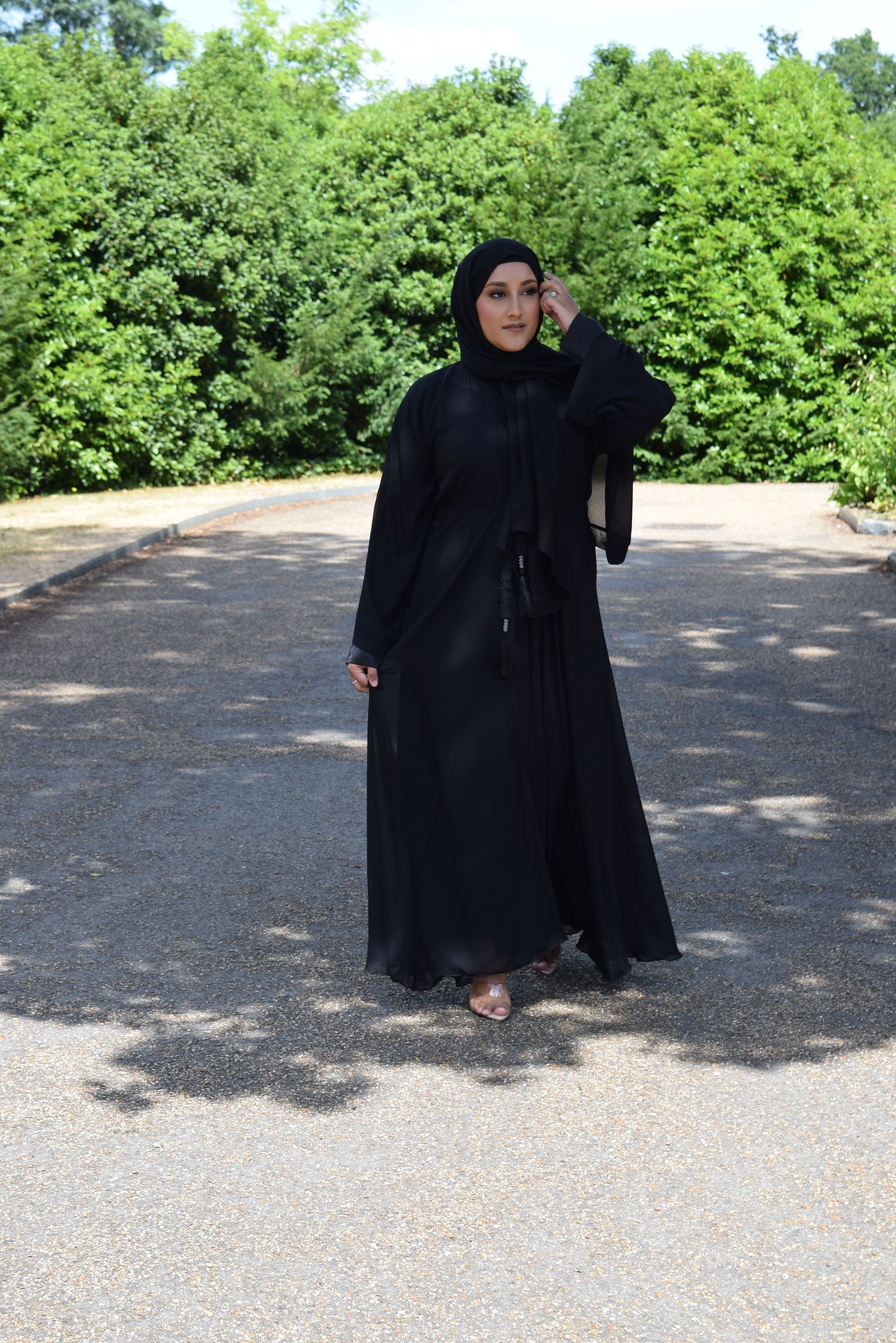 Reem Chiffon Open Jacket Abaya with Satin inner in Black- 3 piece set