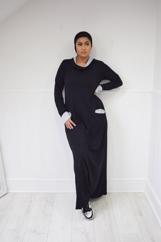 Hooded A-Line Abaya with pockets Black