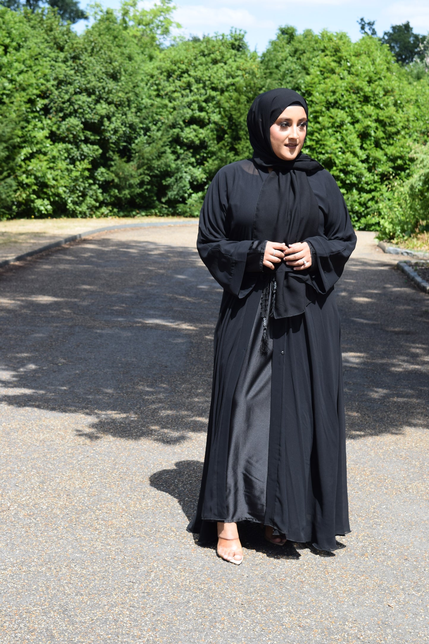 Reem Chiffon Open Jacket Abaya with Satin inner in Black- 3 piece set