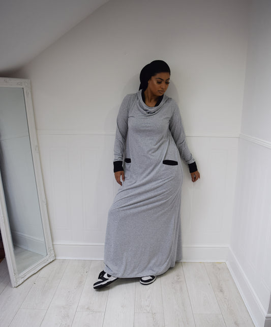 Hooded A-Line Abaya with pockets Marl Grey