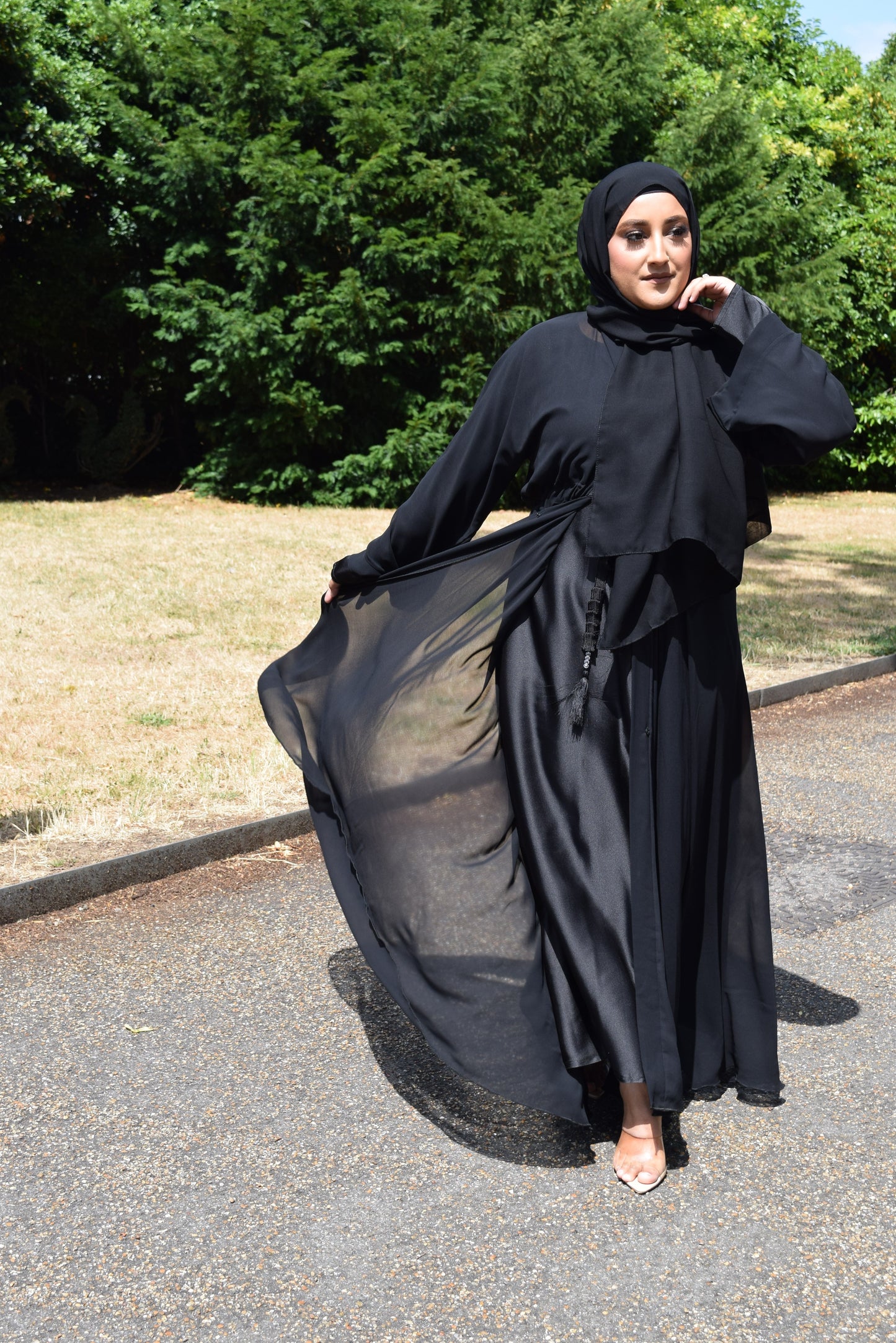 Reem Chiffon Open Jacket Abaya with Satin inner in Black- 3 piece set
