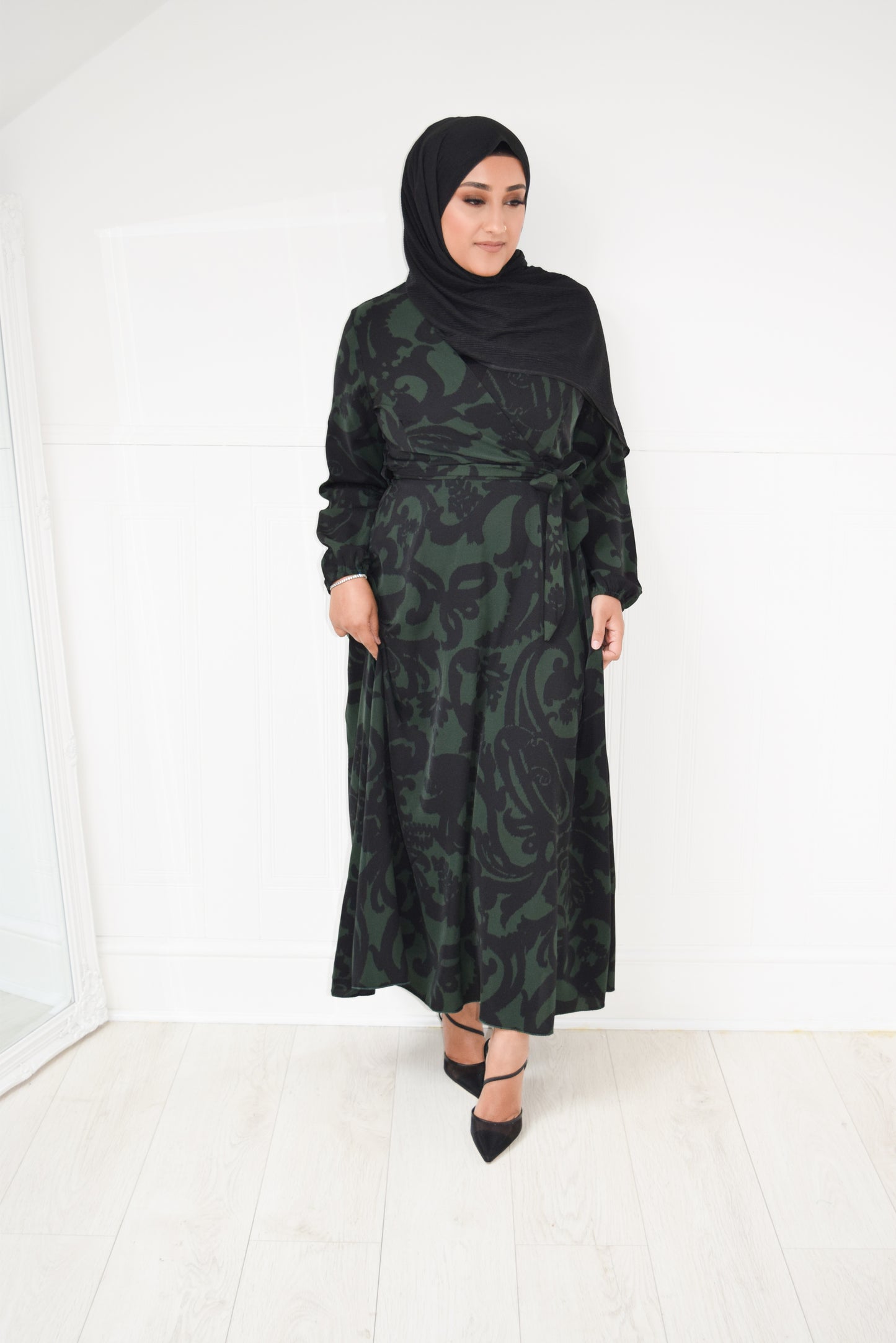 Modest Maxi Dress Aline wrap Black Forest