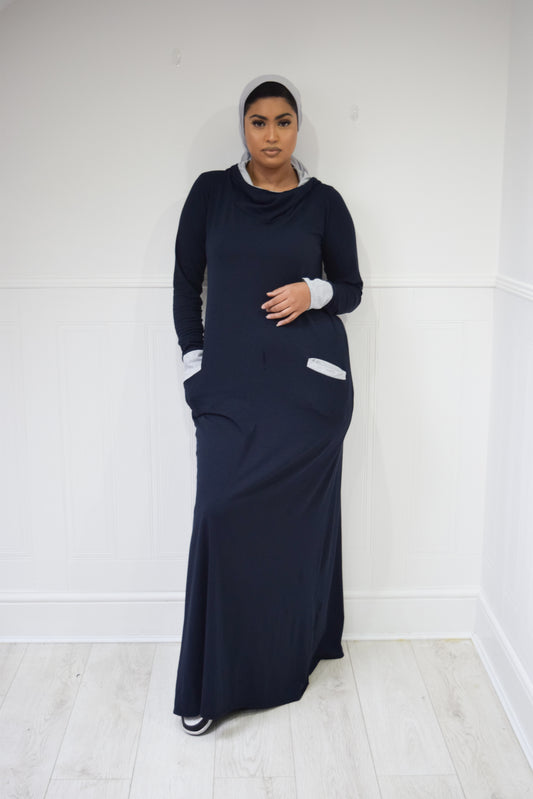 Hooded A-Line Abaya with pockets Navy