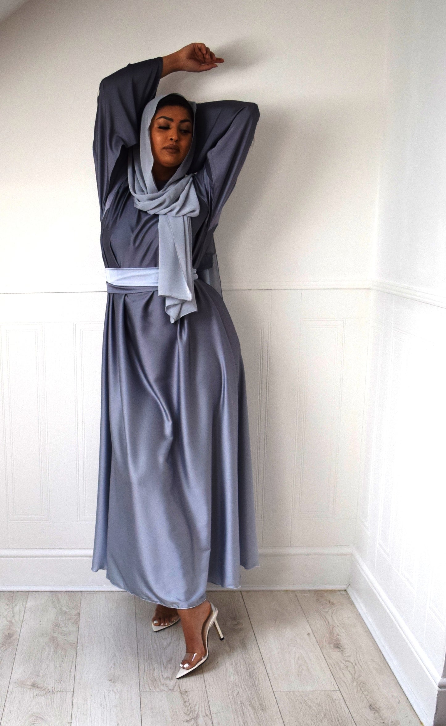 Djamila Ombre Silk Abaya Kimono Sleeve: Grey Silver