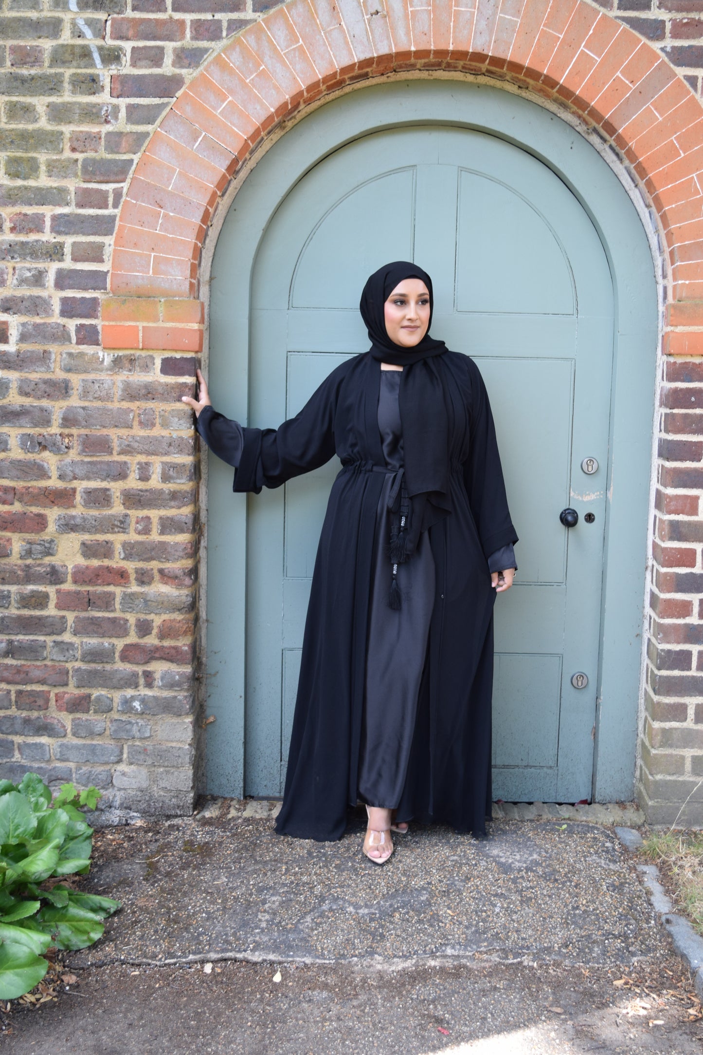 Reem Chiffon Open Jacket Abaya with Satin inner in Black- 3 piece set