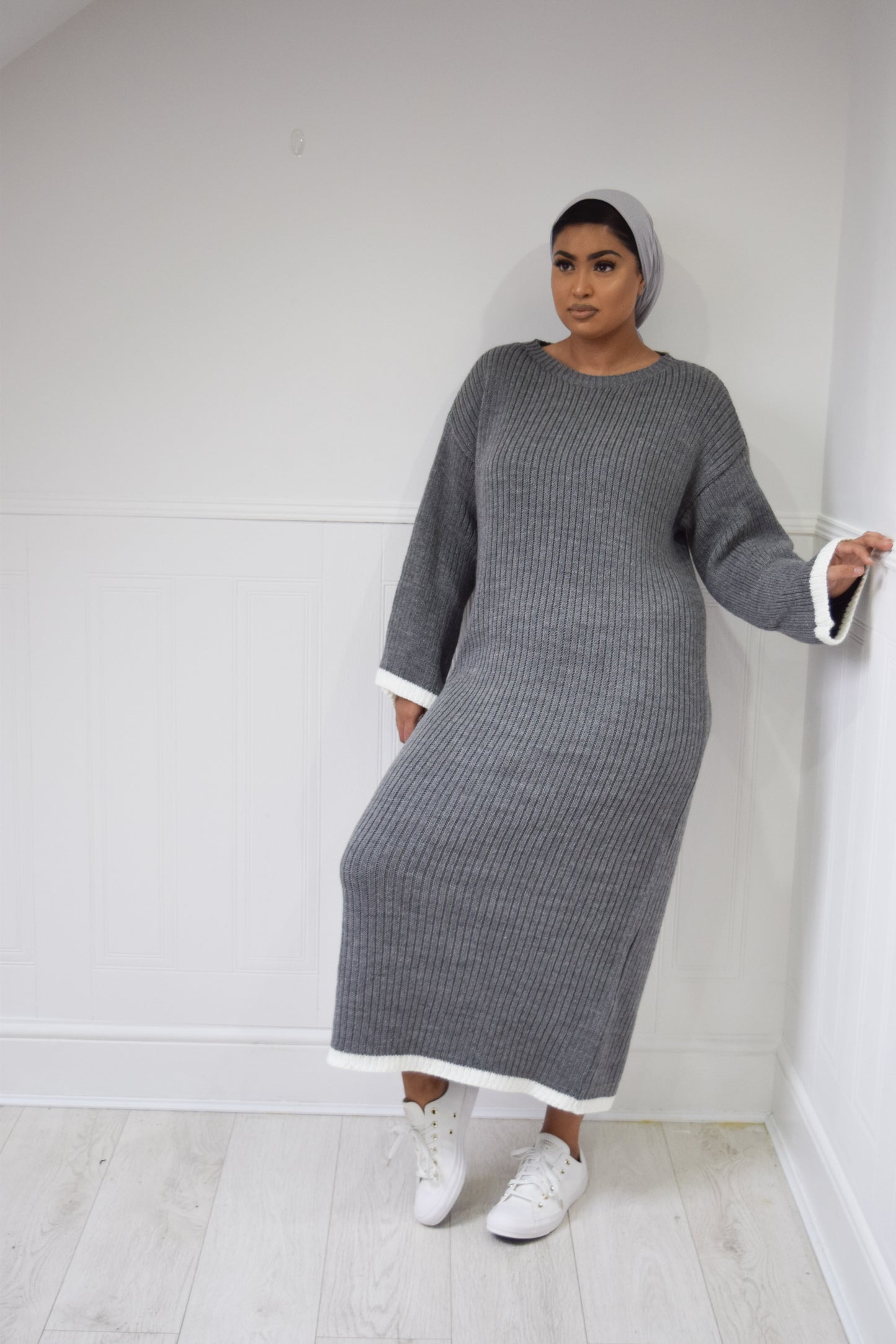 Winter knit dress with Trim Grey