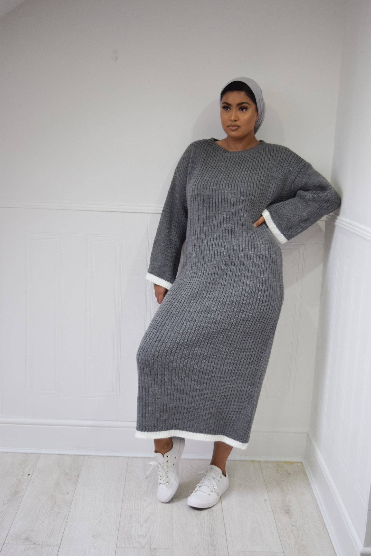 Winter knit dress with Trim Grey