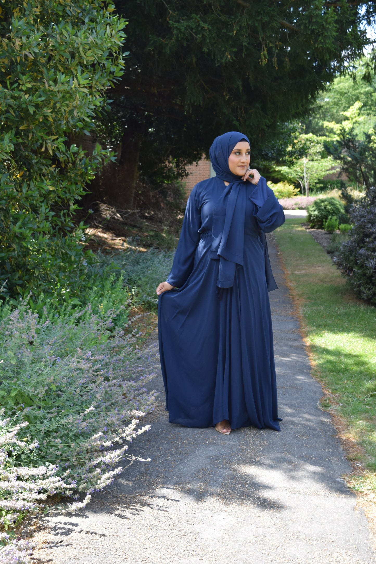 Reem Chiffon Open Jacket Abaya with Satin inner in Navy- 3 piece set