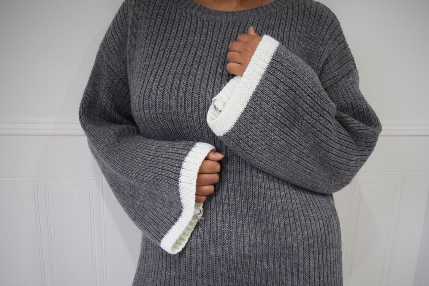 Winter knit dress with Trim Grey