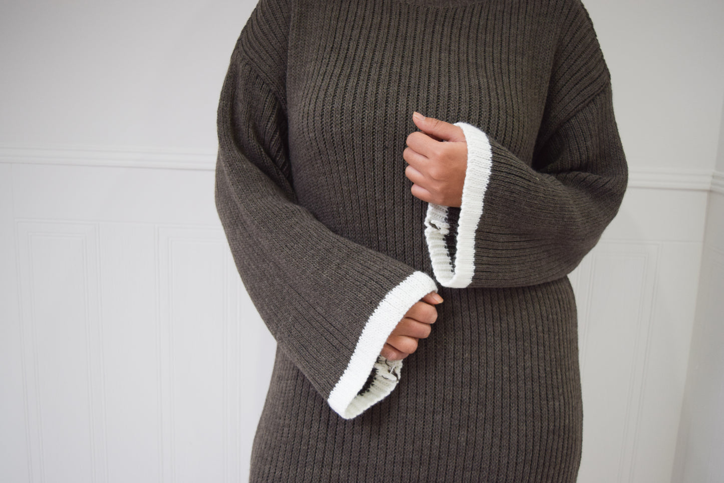 Winter knit dress with Trim Khaki Grey
