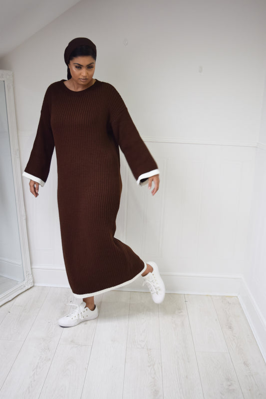 Winter knit dress with Trim Brown