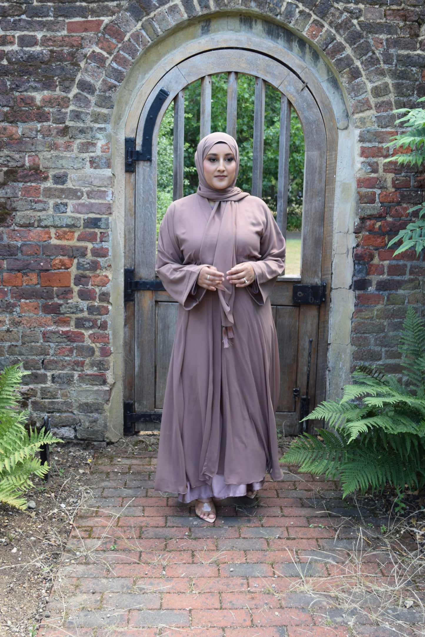 Reem Chiffon Open Jacket Abaya with Satin inner in Taupe - 3 piece set