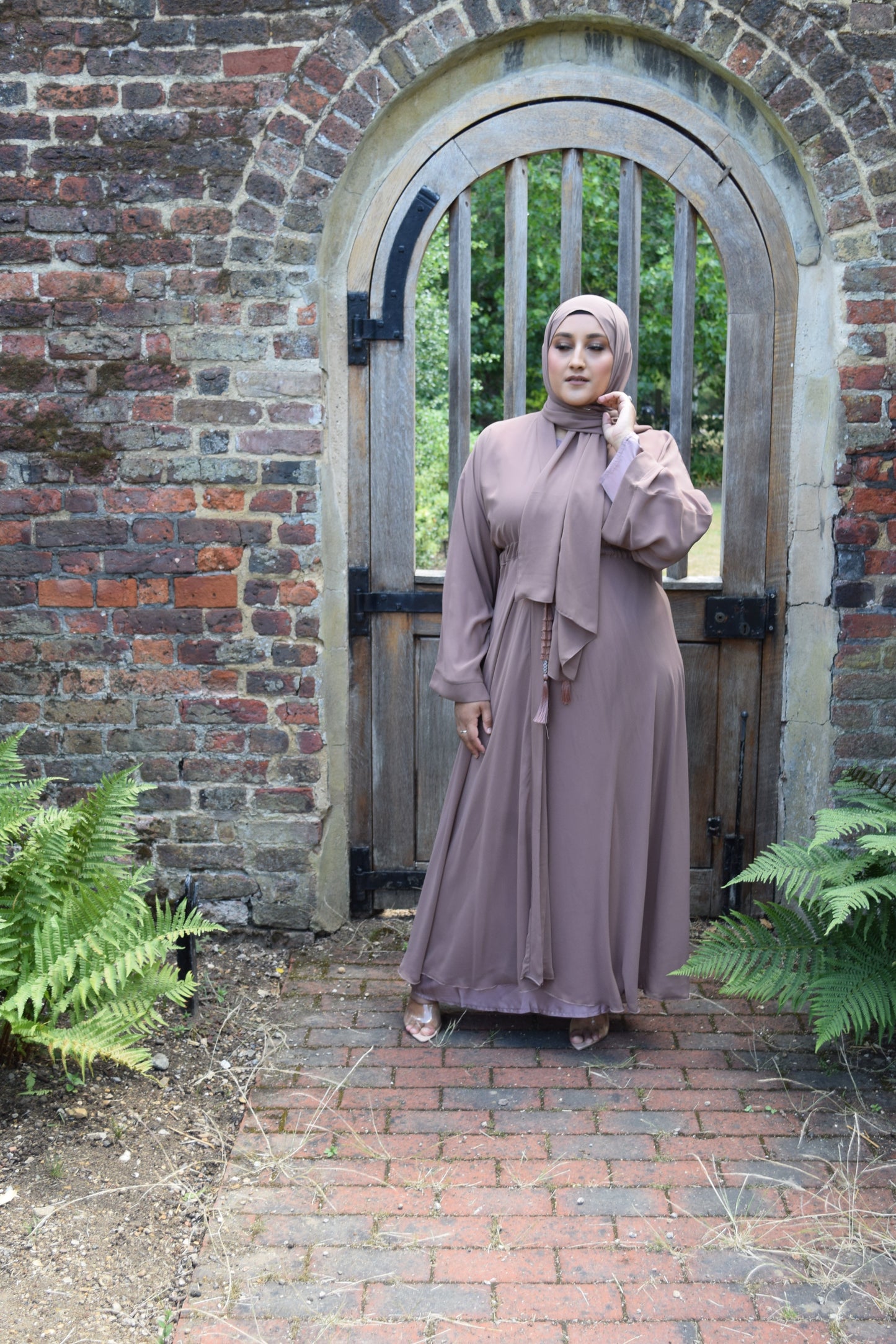 Reem Chiffon Open Jacket Abaya with Satin inner in Taupe - 3 piece set