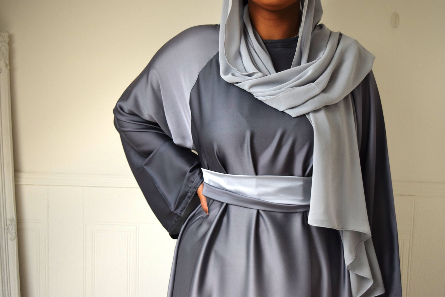 Djamila Ombre Silk Abaya Kimono Sleeve: Grey Silver