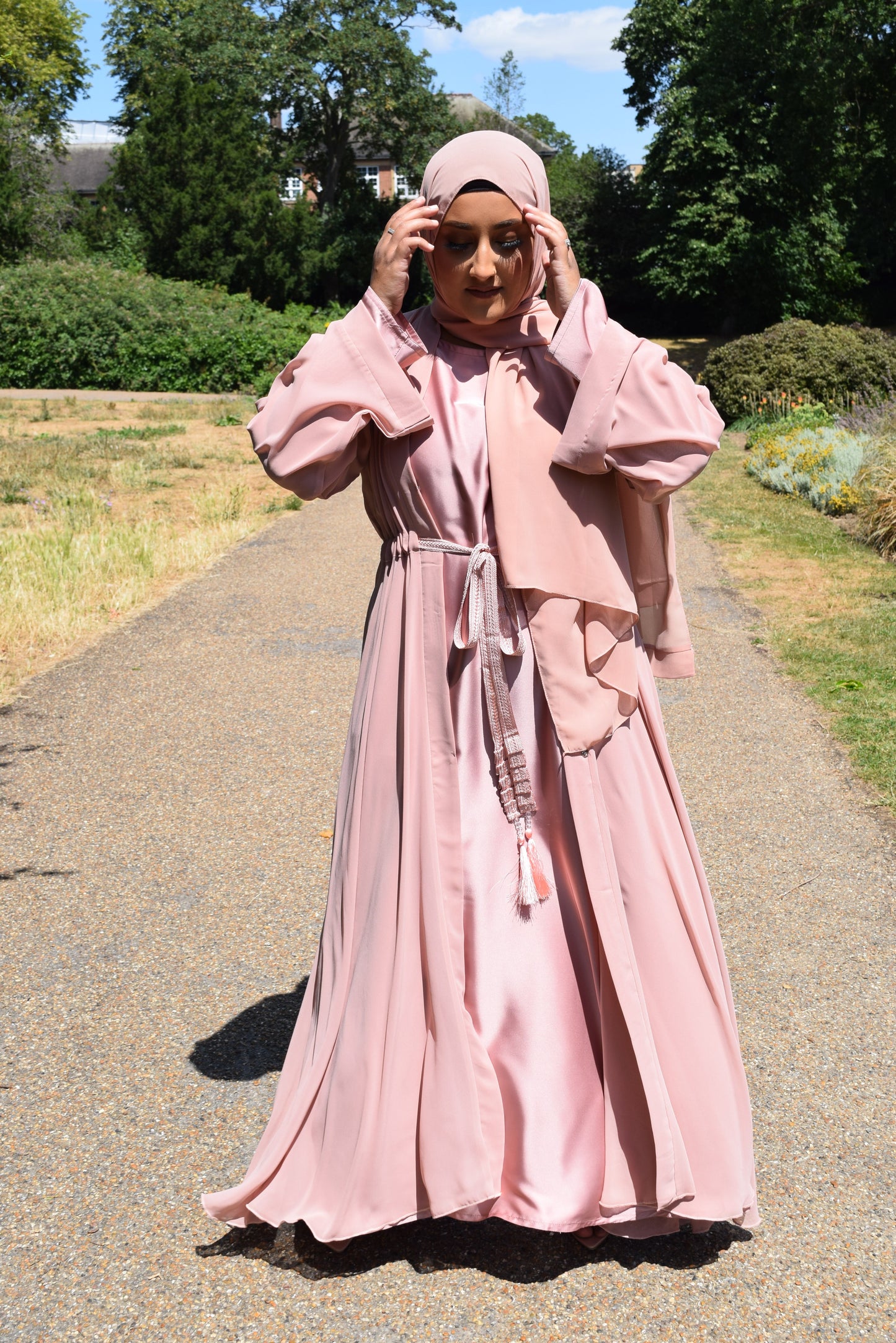 Reem Chiffon Open Jacket Abaya with Satin inner in Pale Pinks - 3 piece set