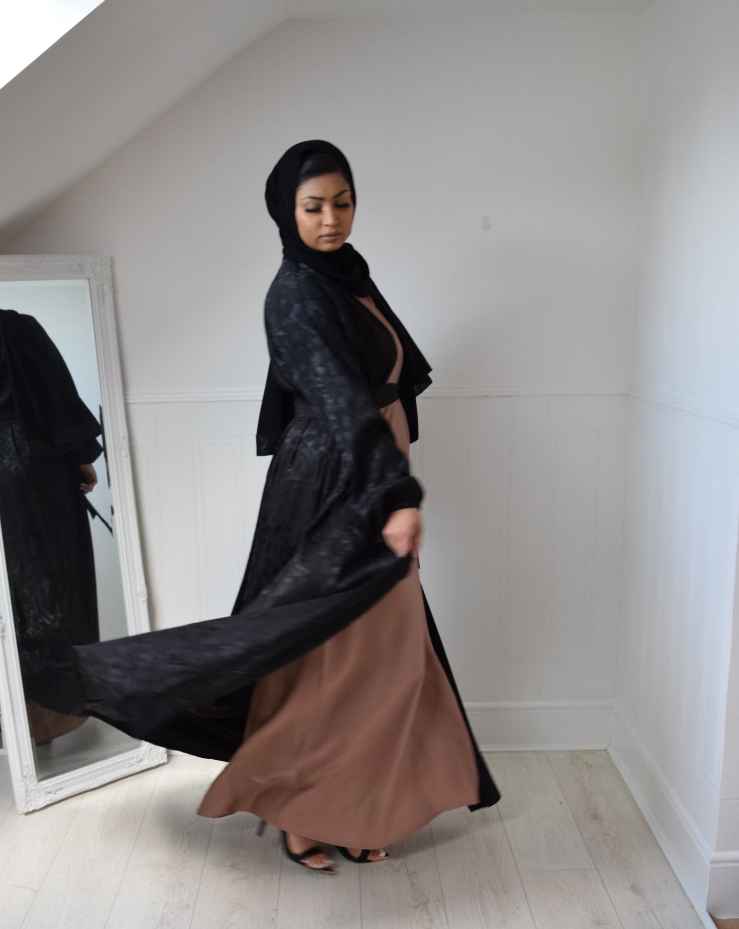Black Jacquard Open Flare Abaya Jacket