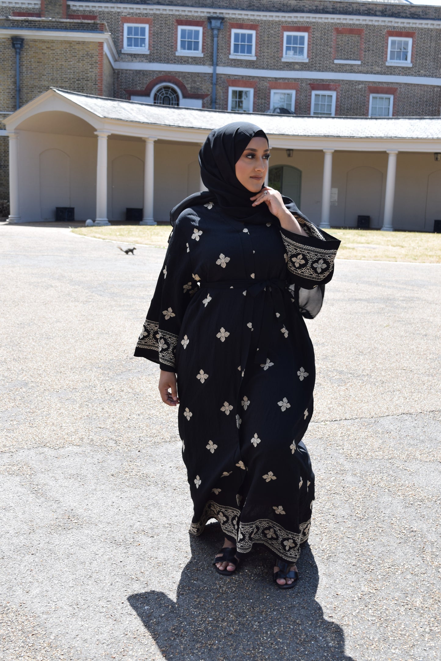 Modest Maxi dress in Black with floral embroidery