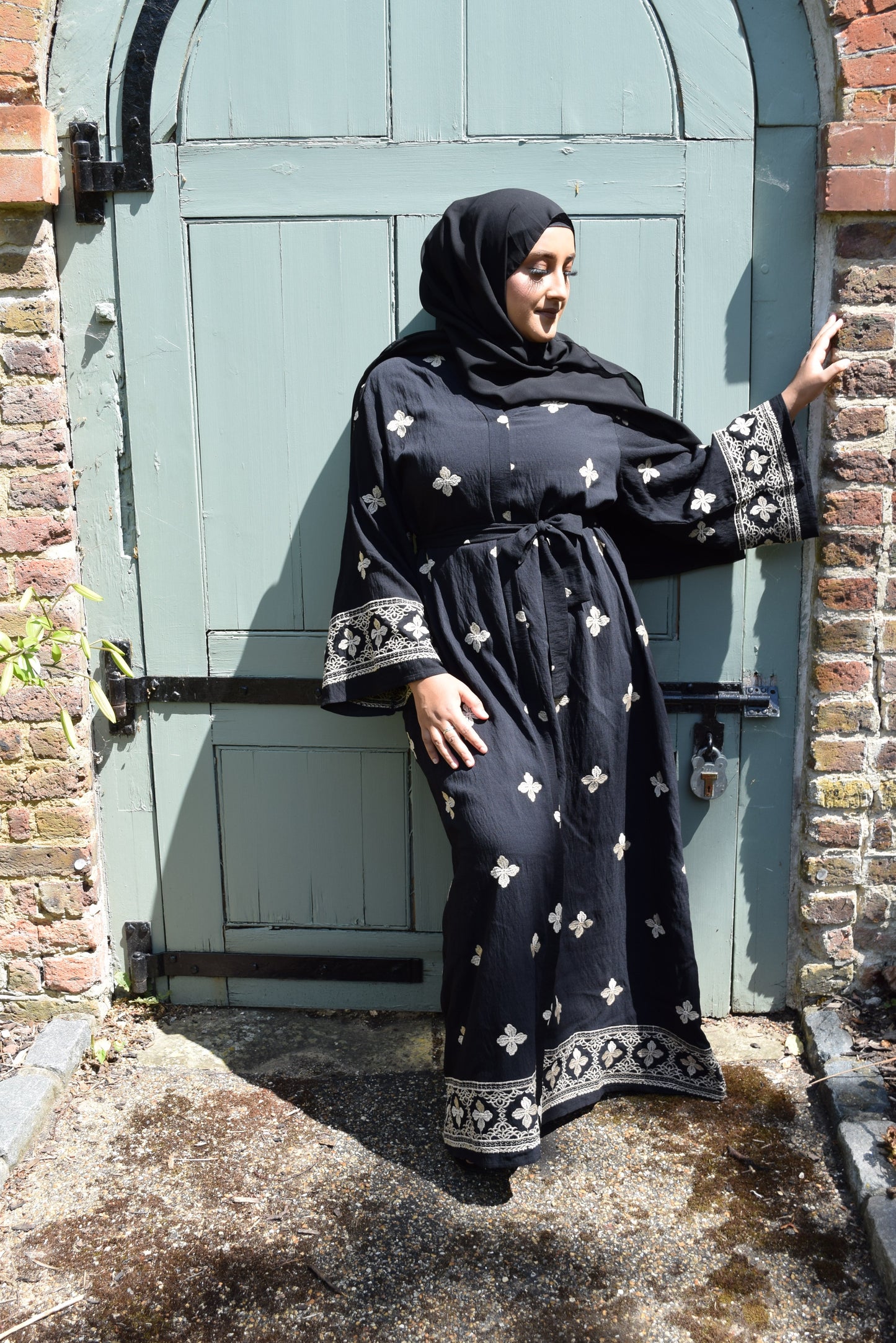 Modest Maxi dress in Black with floral embroidery