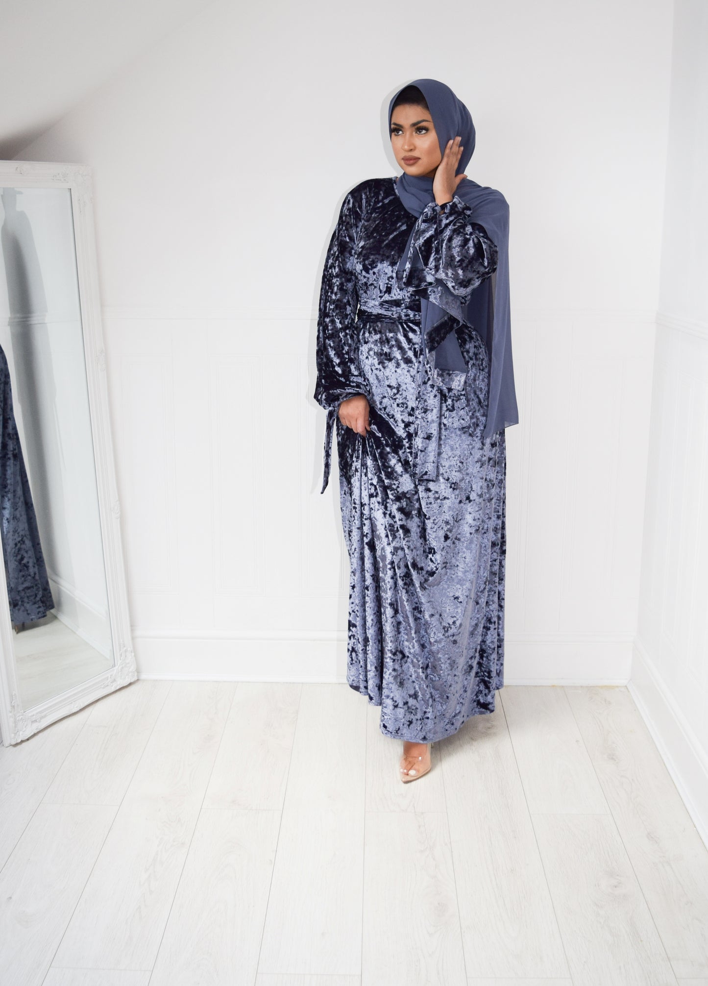 Grey Blue Velvet Aline abaya with tie sleeves