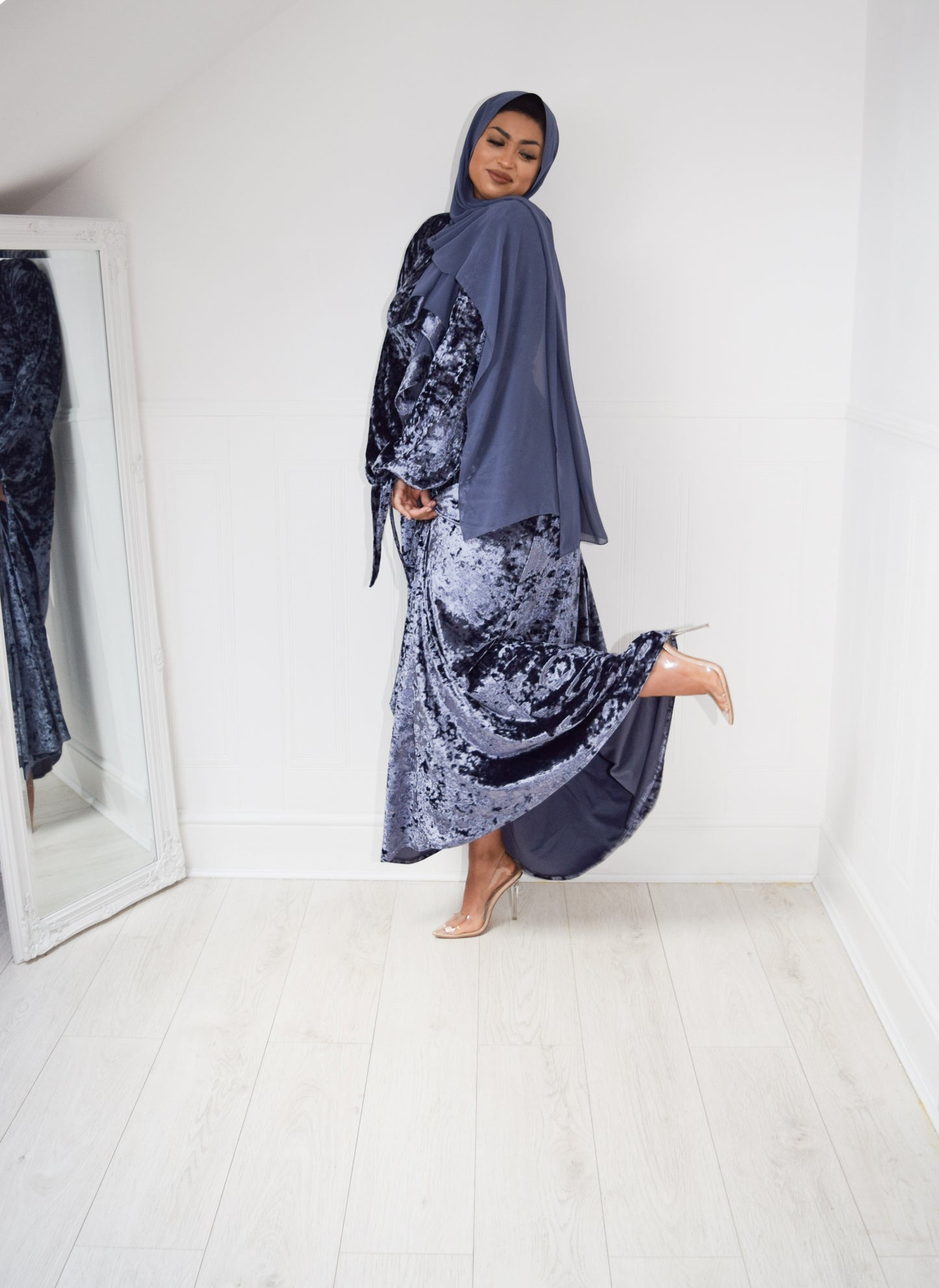 Grey Blue Velvet Aline abaya with tie sleeves