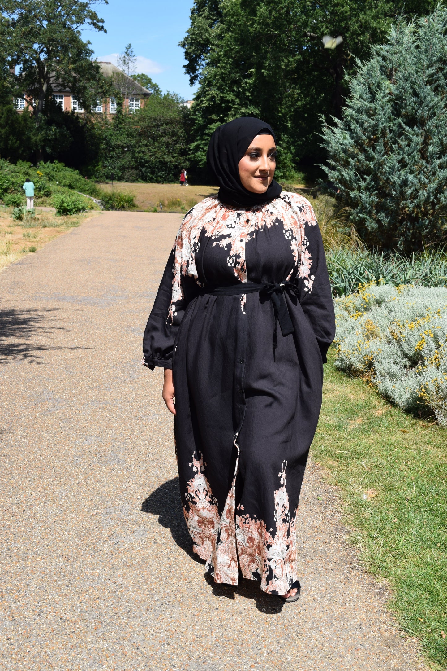 Modest Maxi shirt dress in Linen Black florals