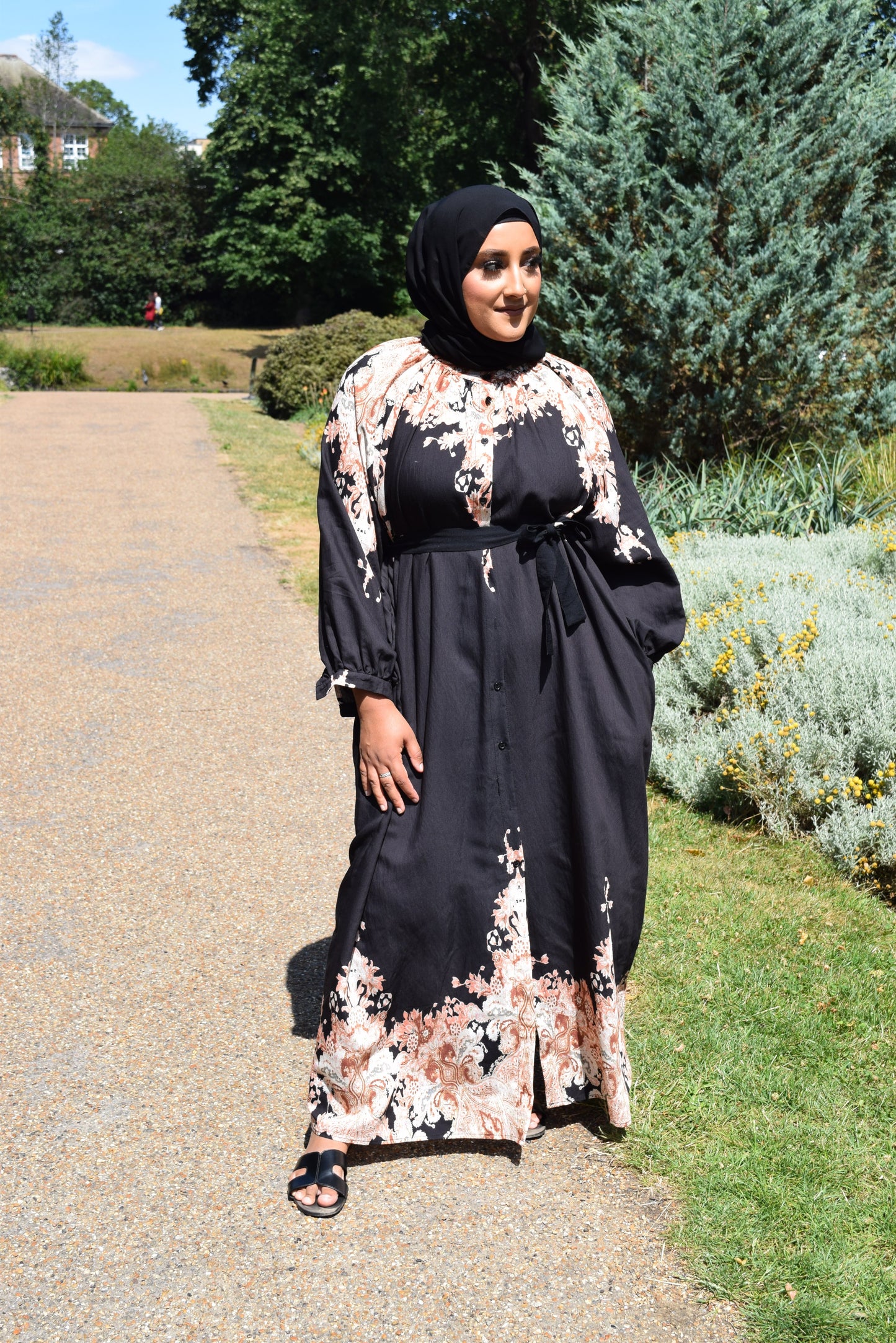 Modest Maxi shirt dress in Linen Black florals