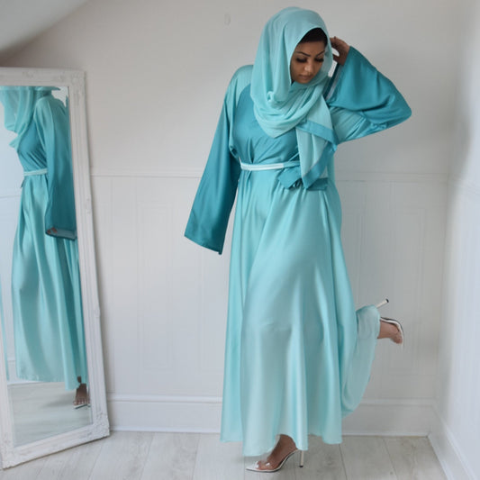 Djamila Ombre Silk Abaya Kimono Sleeve:  Sea Greens