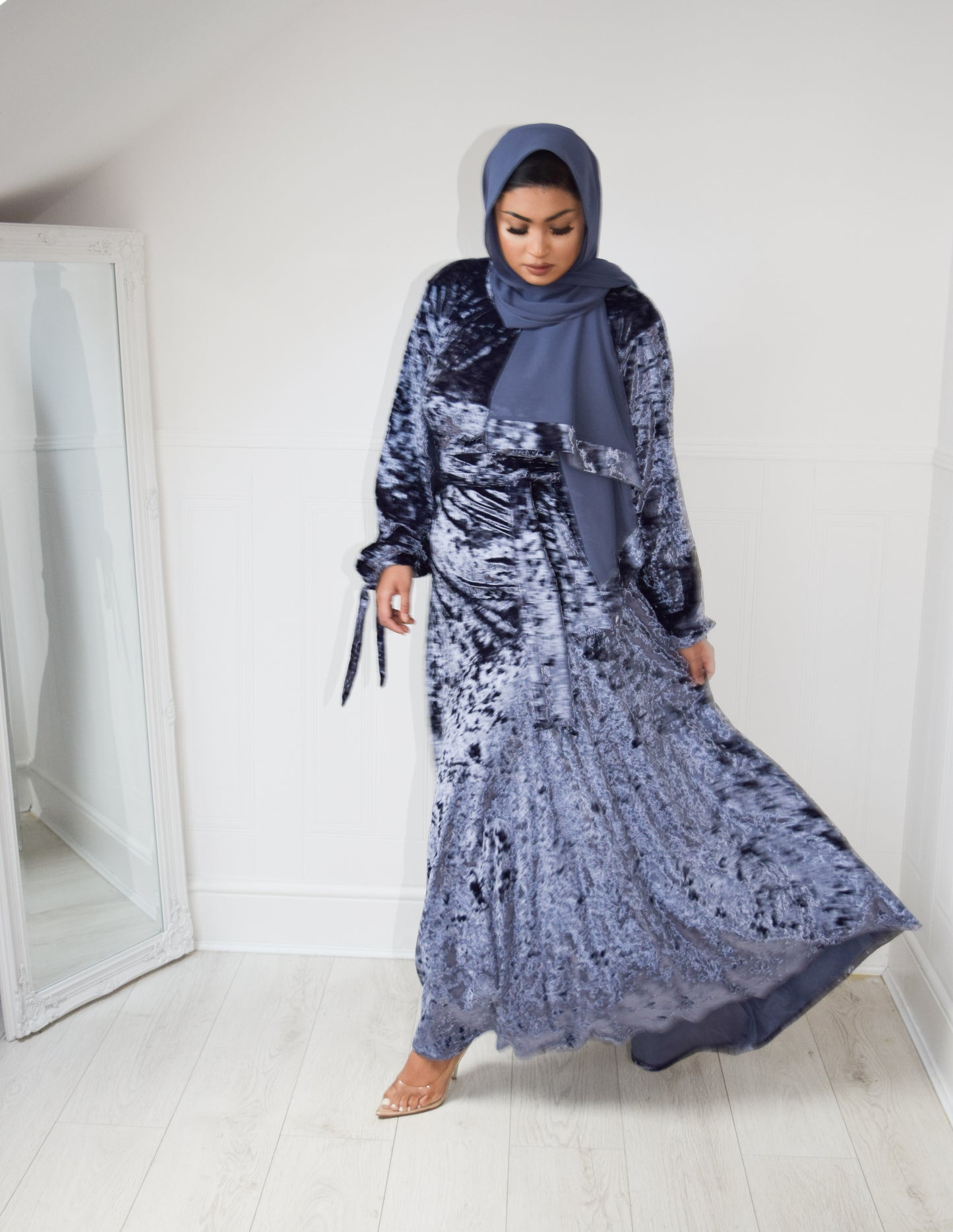 Grey Blue Velvet Aline abaya with tie sleeves