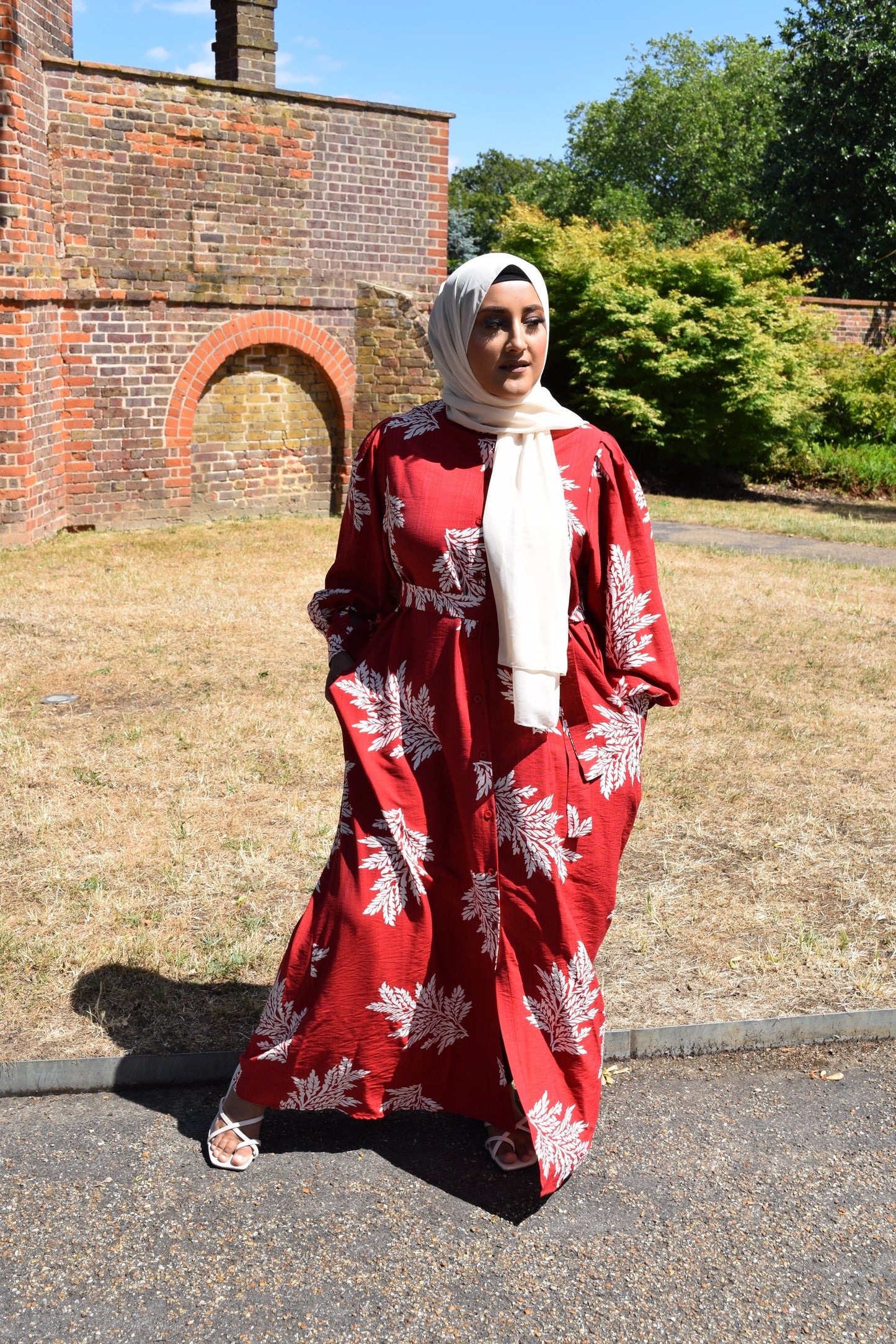 Modest Maxi shirt dress in Apple Red with white florals & Pockets