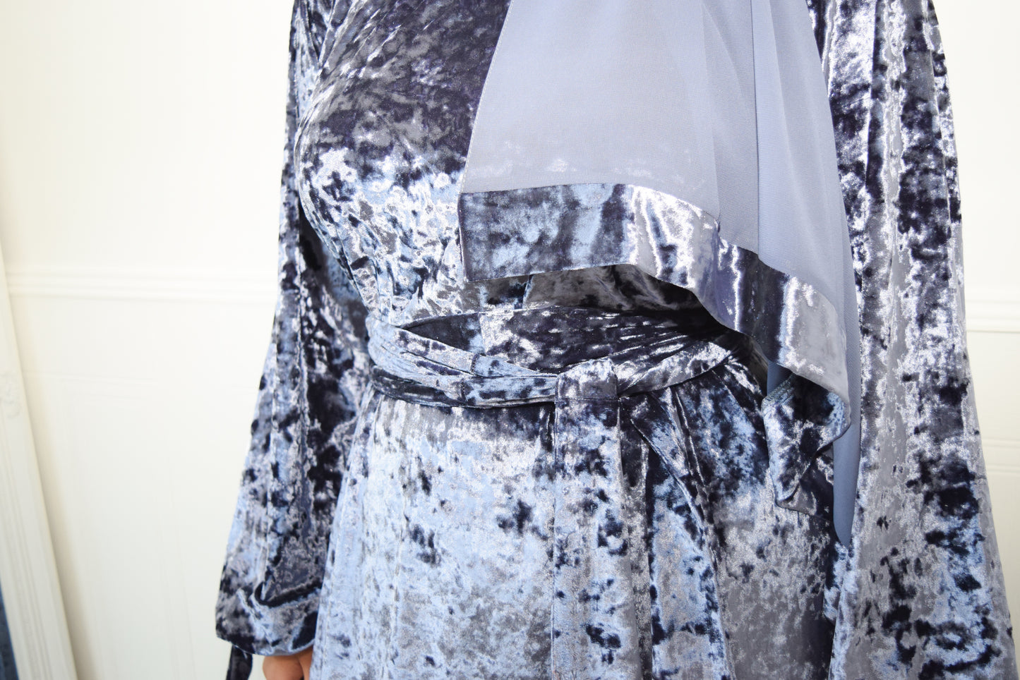 Grey Blue Velvet Aline abaya with tie sleeves