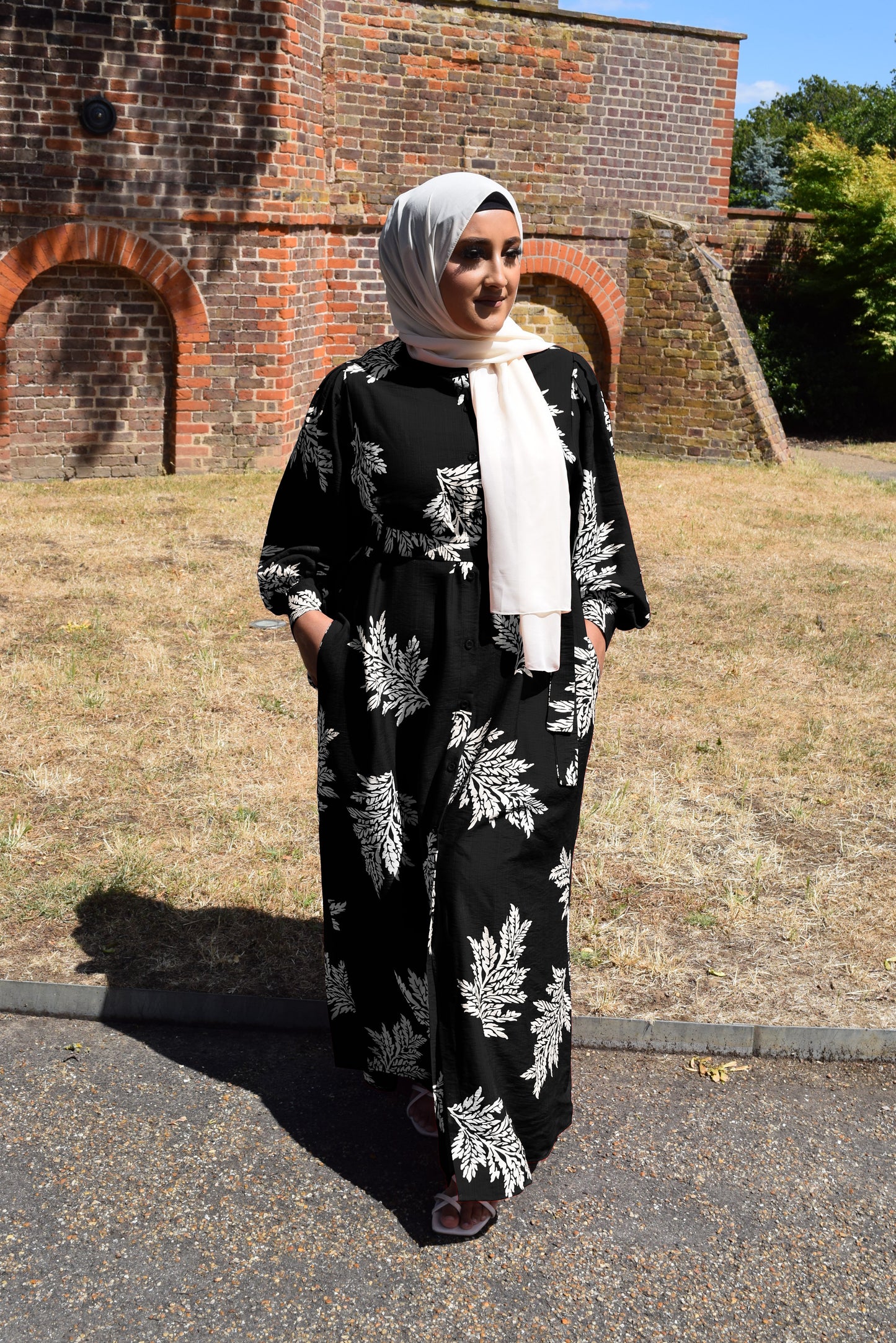 Modest Maxi shirt dress in Black with white florals & Pockets