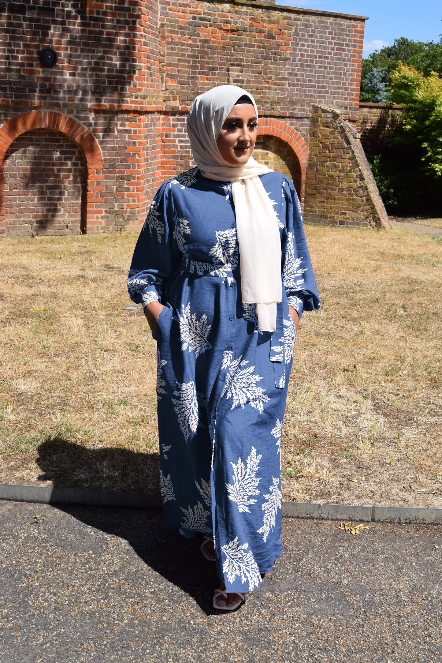Modest Maxi shirt dress in Cornflower Blue with white florals & Pockets