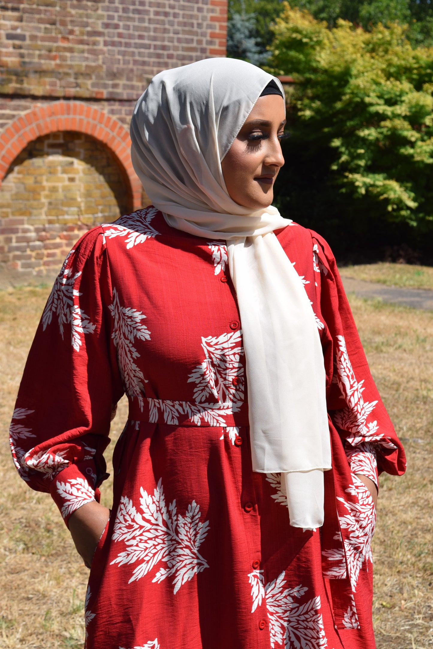 Modest Maxi shirt dress in Apple Red with white florals & Pockets
