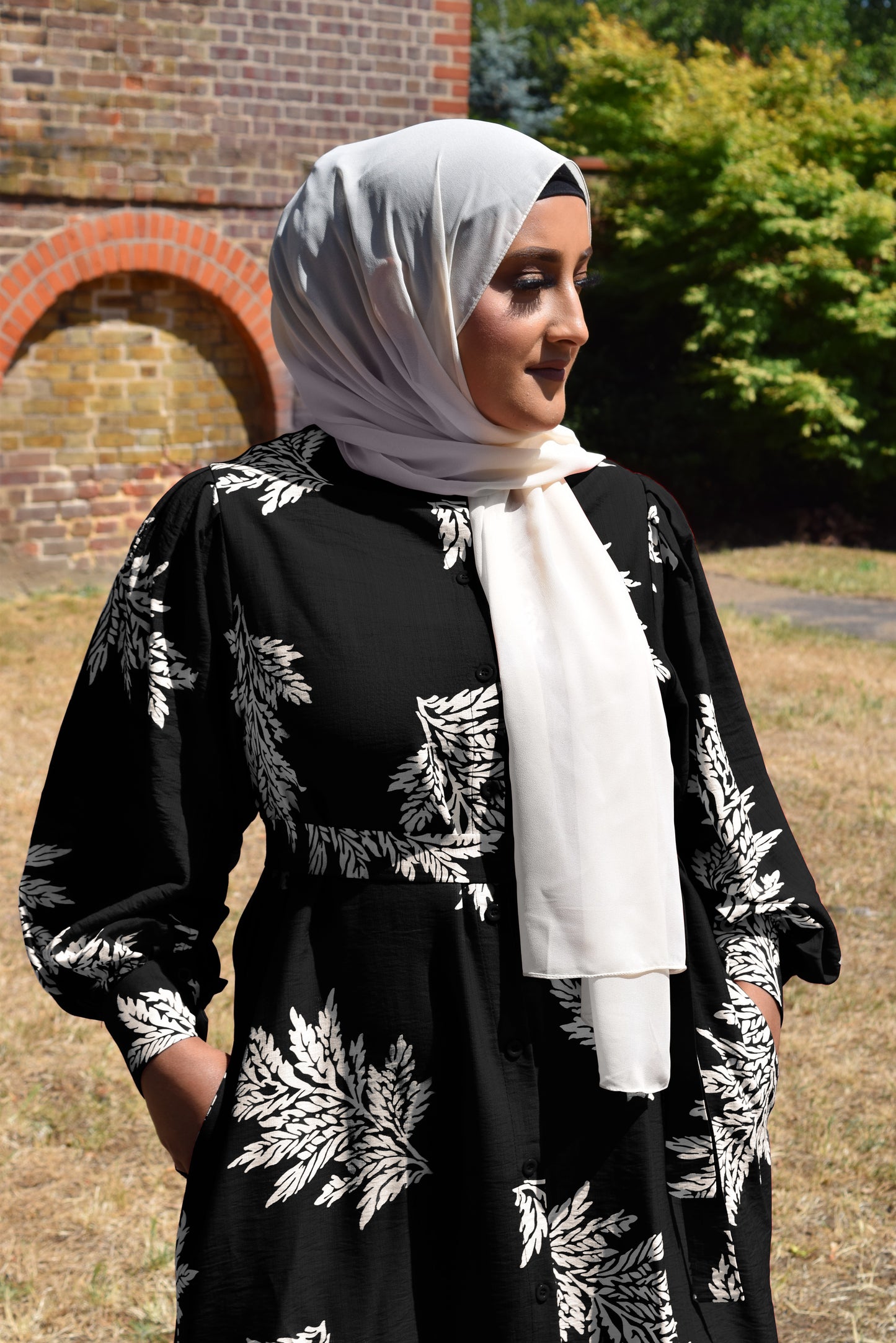 Modest Maxi shirt dress in Black with white florals & Pockets