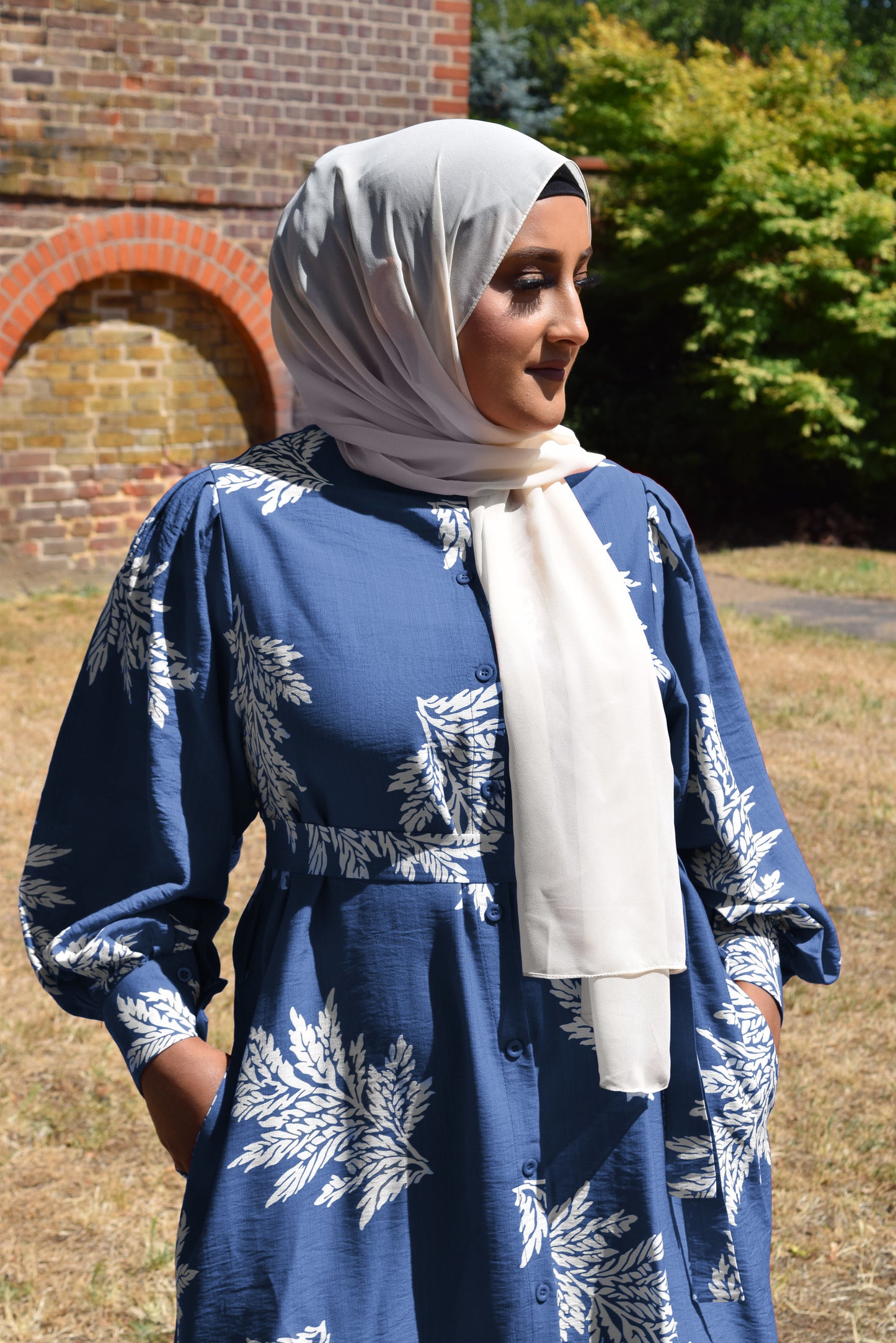 Modest Maxi shirt dress in Cornflower Blue with white florals & Pockets