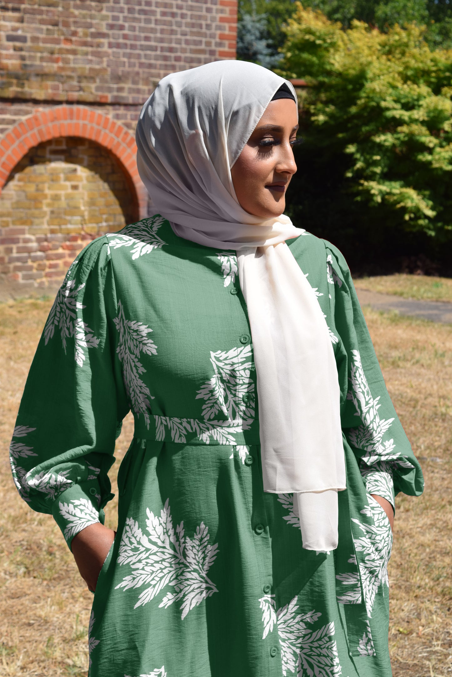 Modest Maxi shirt dress in Meadow Green with white florals & Pockets