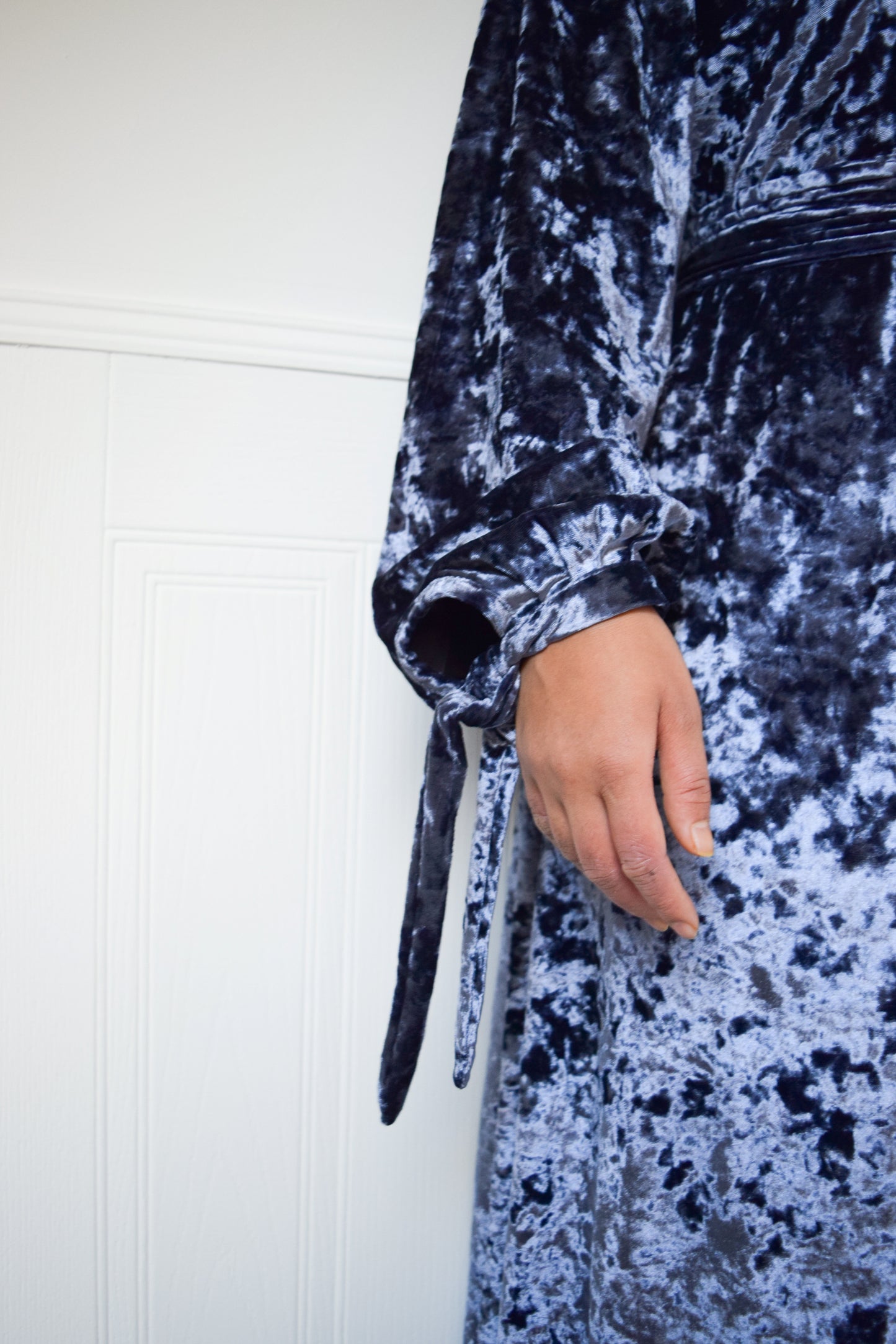 Grey Blue Velvet Aline abaya with tie sleeves