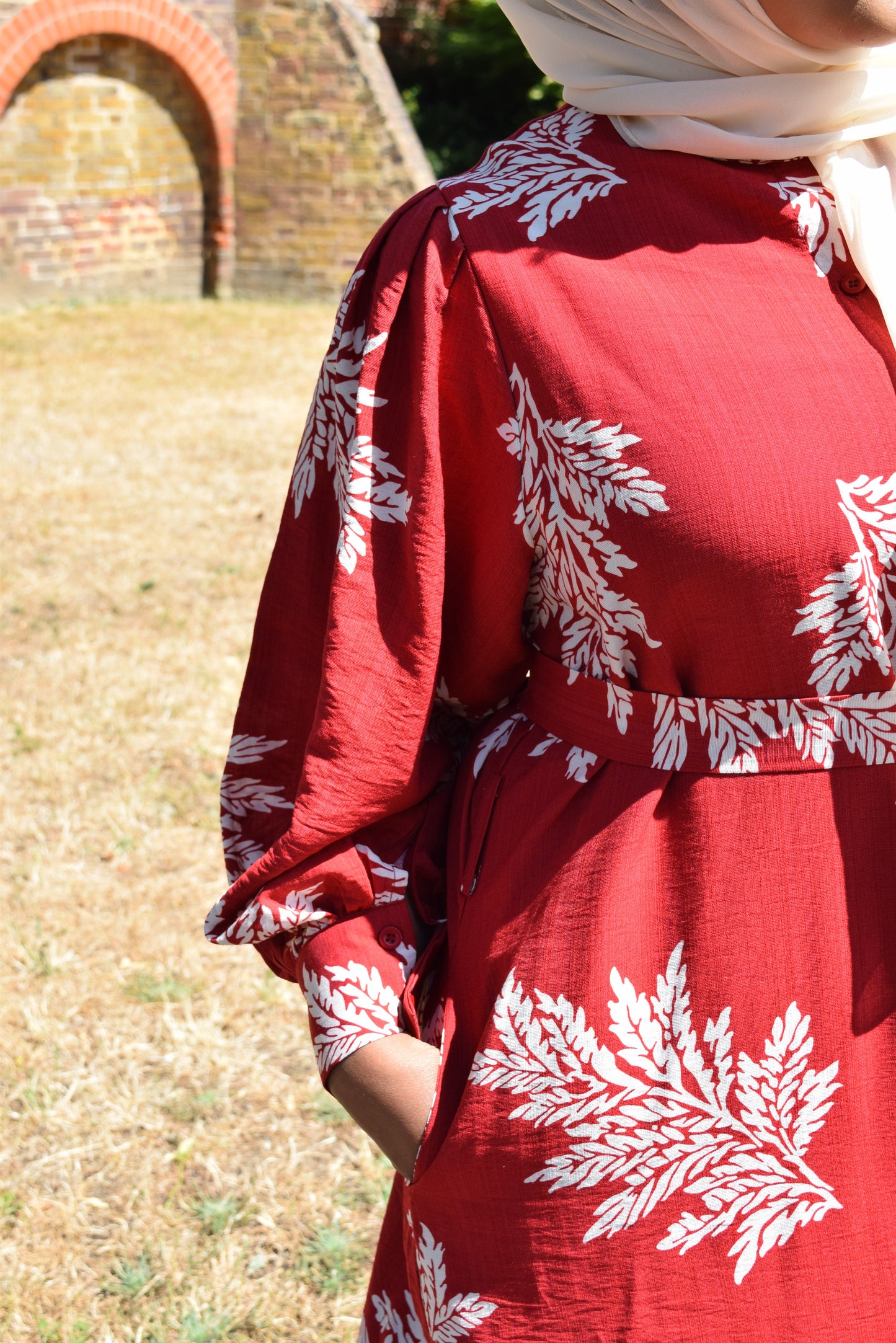 Modest Maxi shirt dress in Apple Red with white florals & Pockets