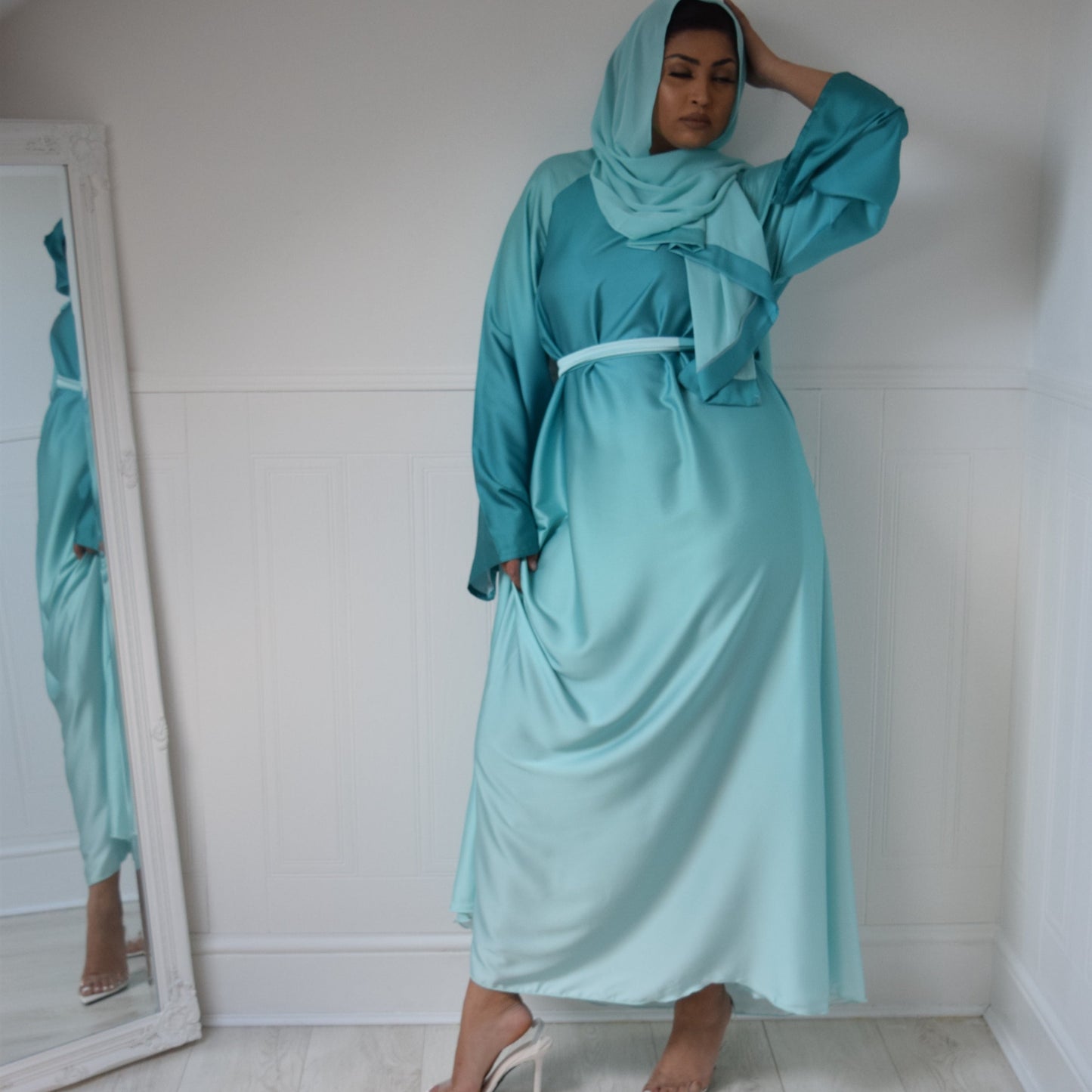 Djamila Ombre Silk Abaya Kimono Sleeve:  Sea Greens