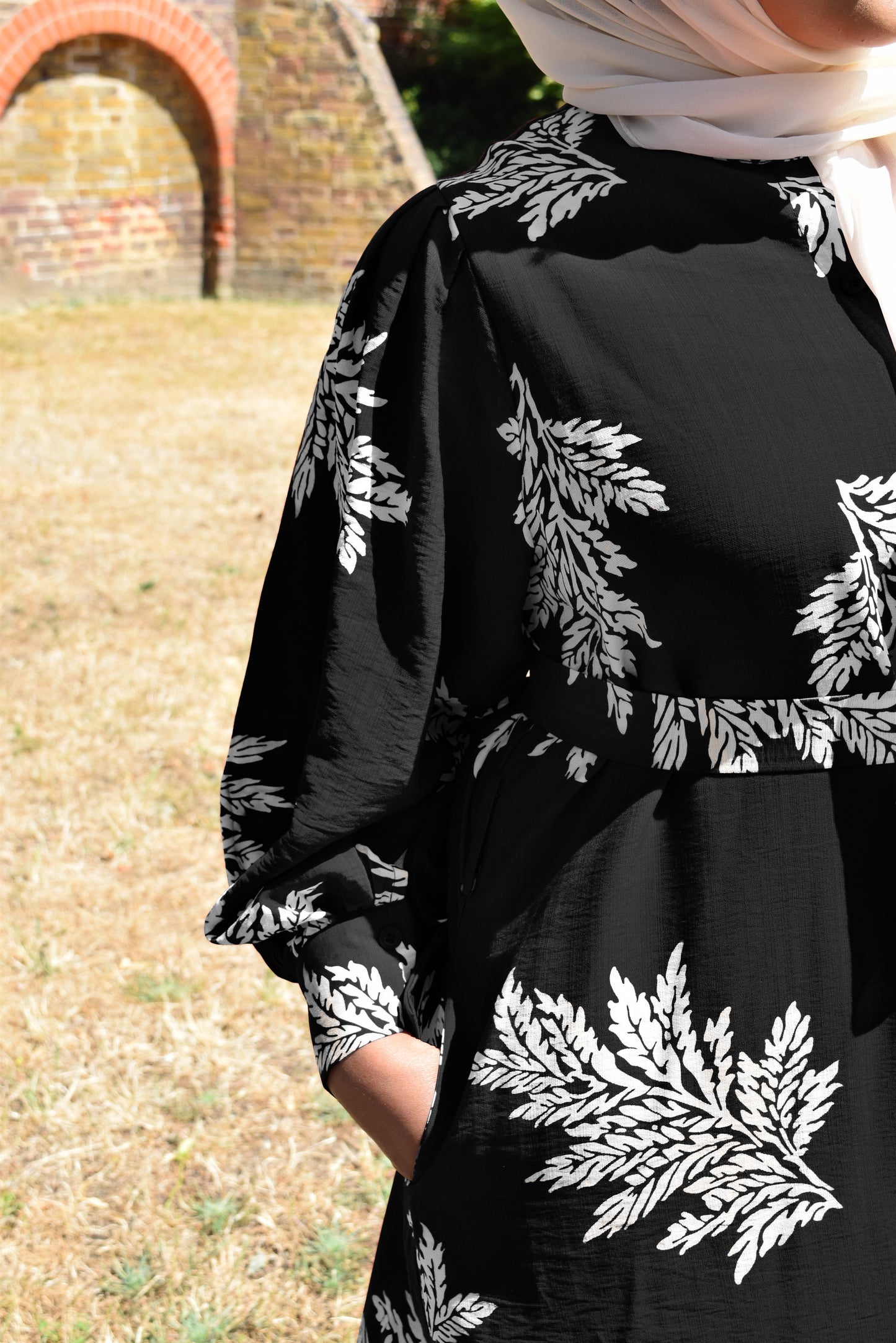Modest Maxi shirt dress in Black with white florals & Pockets