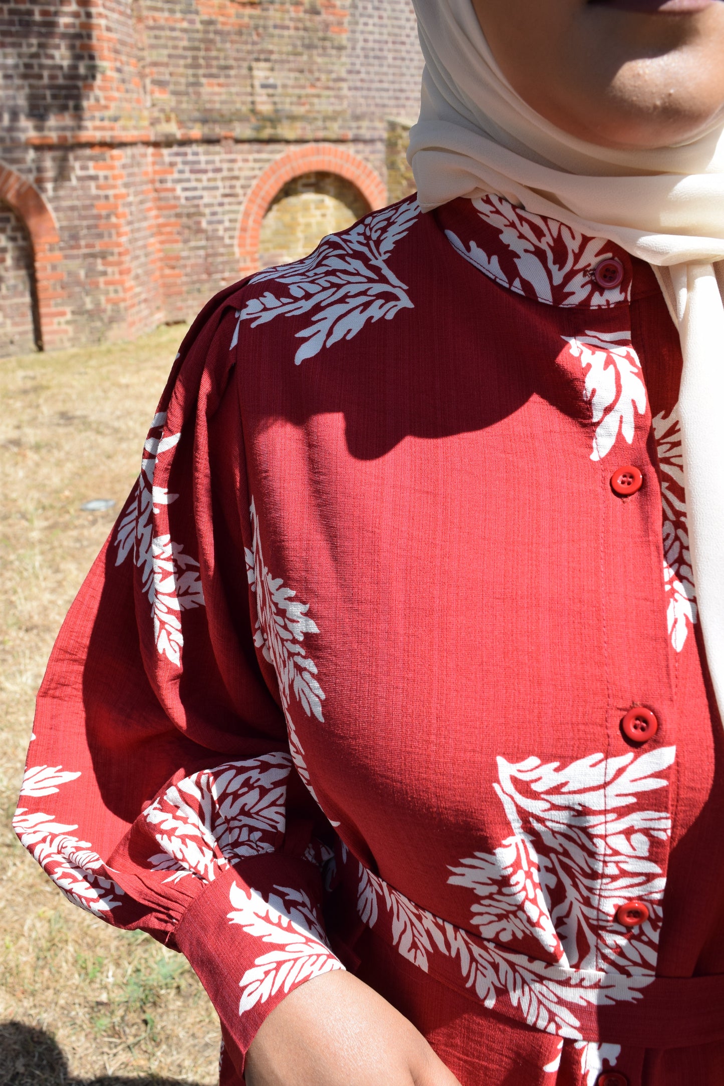 Modest Maxi shirt dress in Apple Red with white florals & Pockets