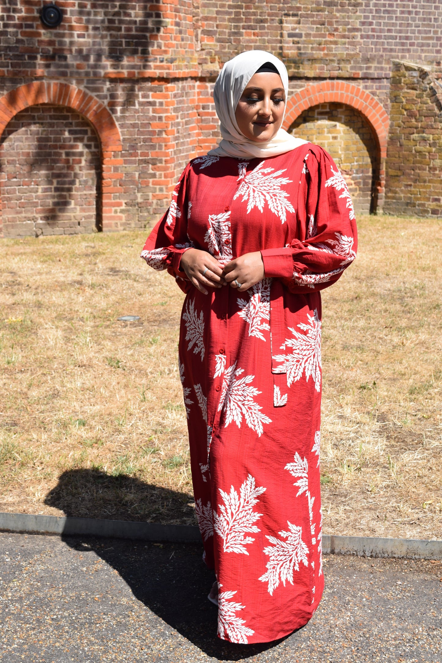 Modest Maxi shirt dress in Apple Red with white florals & Pockets