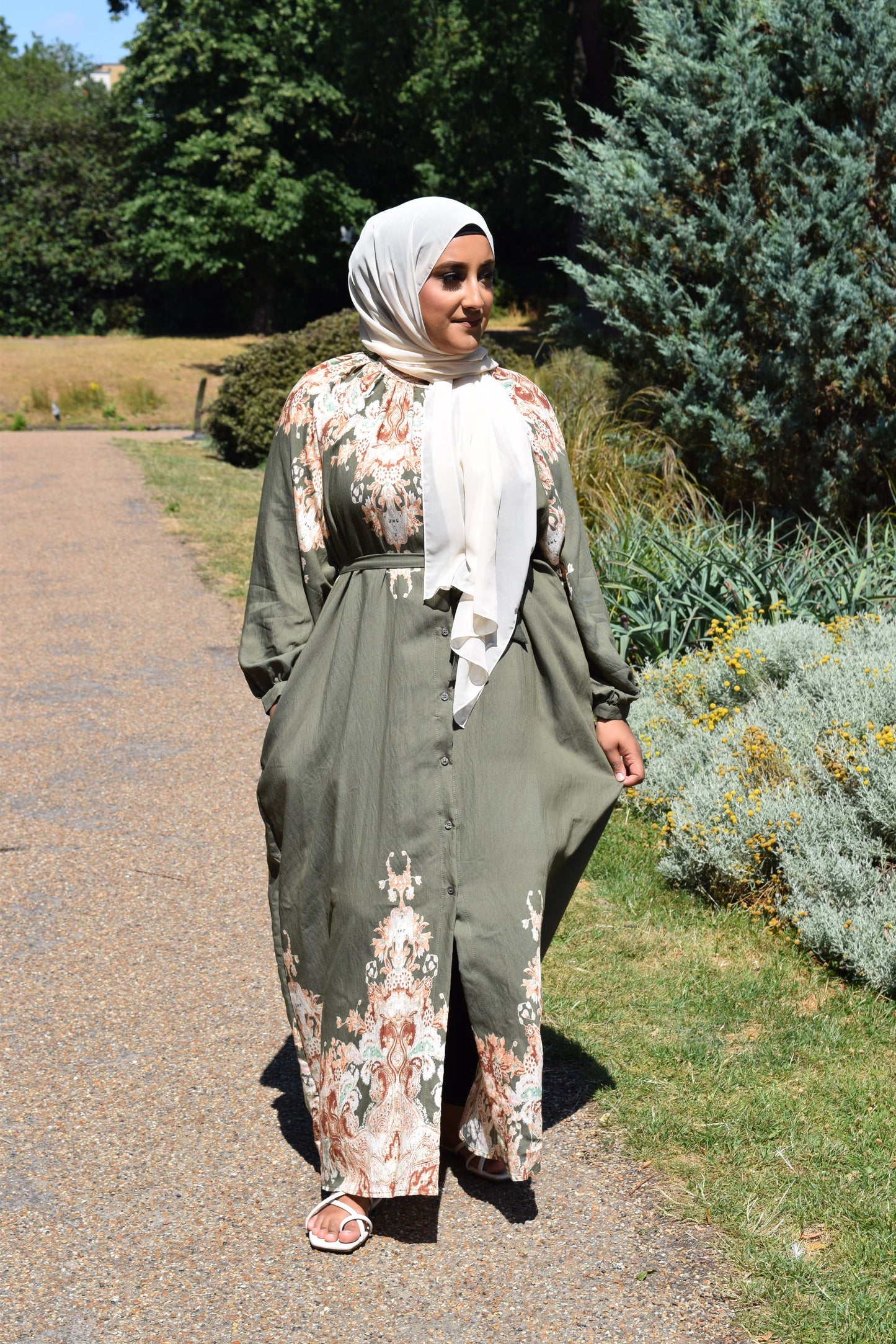 Modest Maxi shirt dress in Linen Olive Green florals