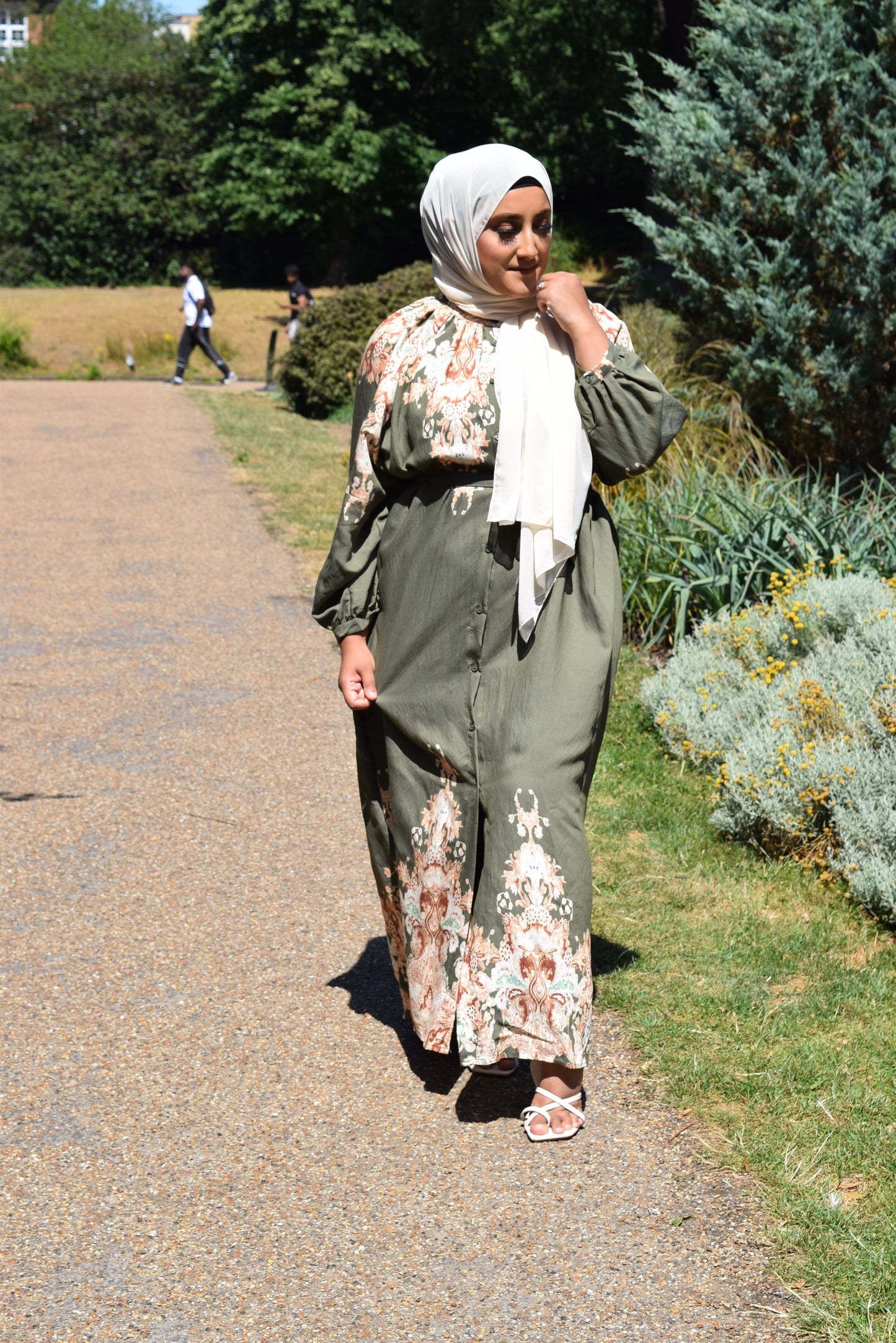Modest Maxi shirt dress in Linen Olive Green florals
