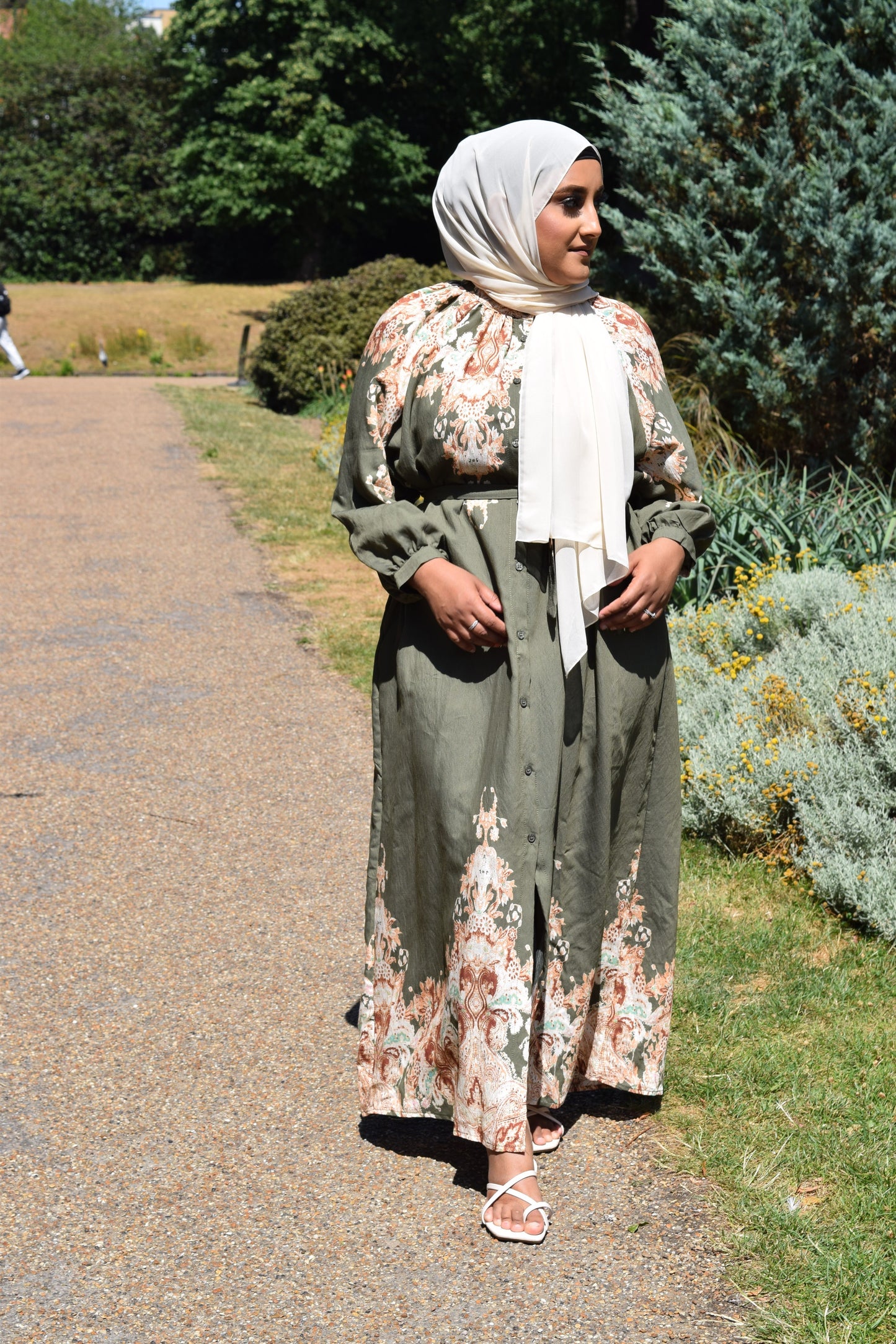 Modest Maxi shirt dress in Linen Olive Green florals