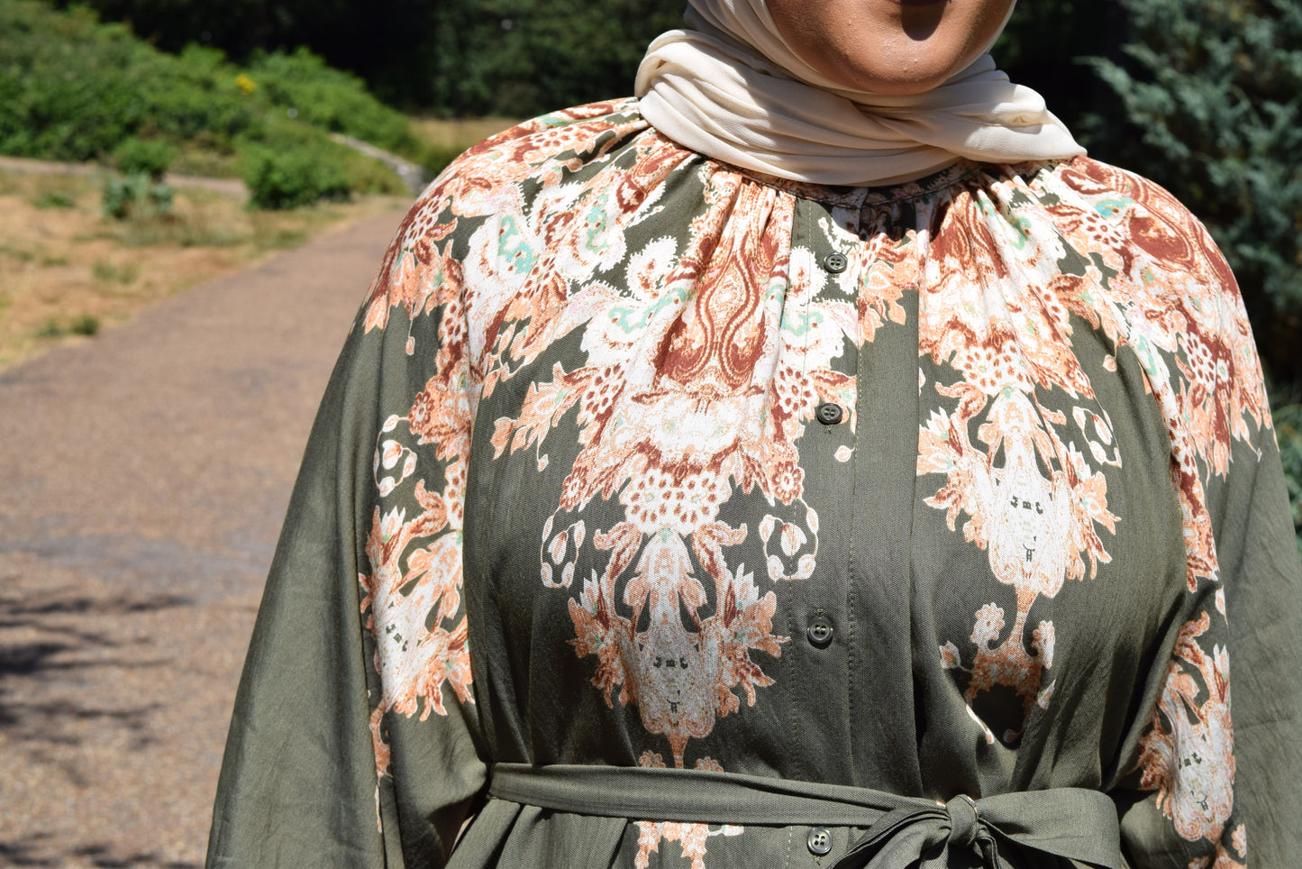 Modest Maxi shirt dress in Linen Olive Green florals